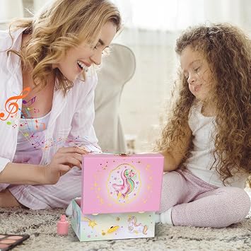 Music Jewellery Box with Necklace Bracelet, Musical Jewelry Storage Case with Spinning Unicorn Gift Set for Kids Girls Children Daughter (ShinyPink-Horse)