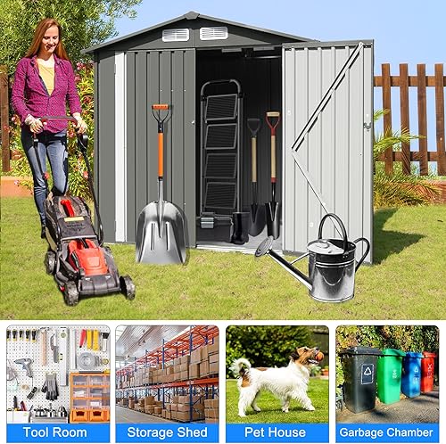 Miniatura 9 de Cobertizo de almacenamiento de metal para exteriores de 6 x 4 pies, cobertizo de jardín con puertas con cerradura, cobertizo de metal al aire libre