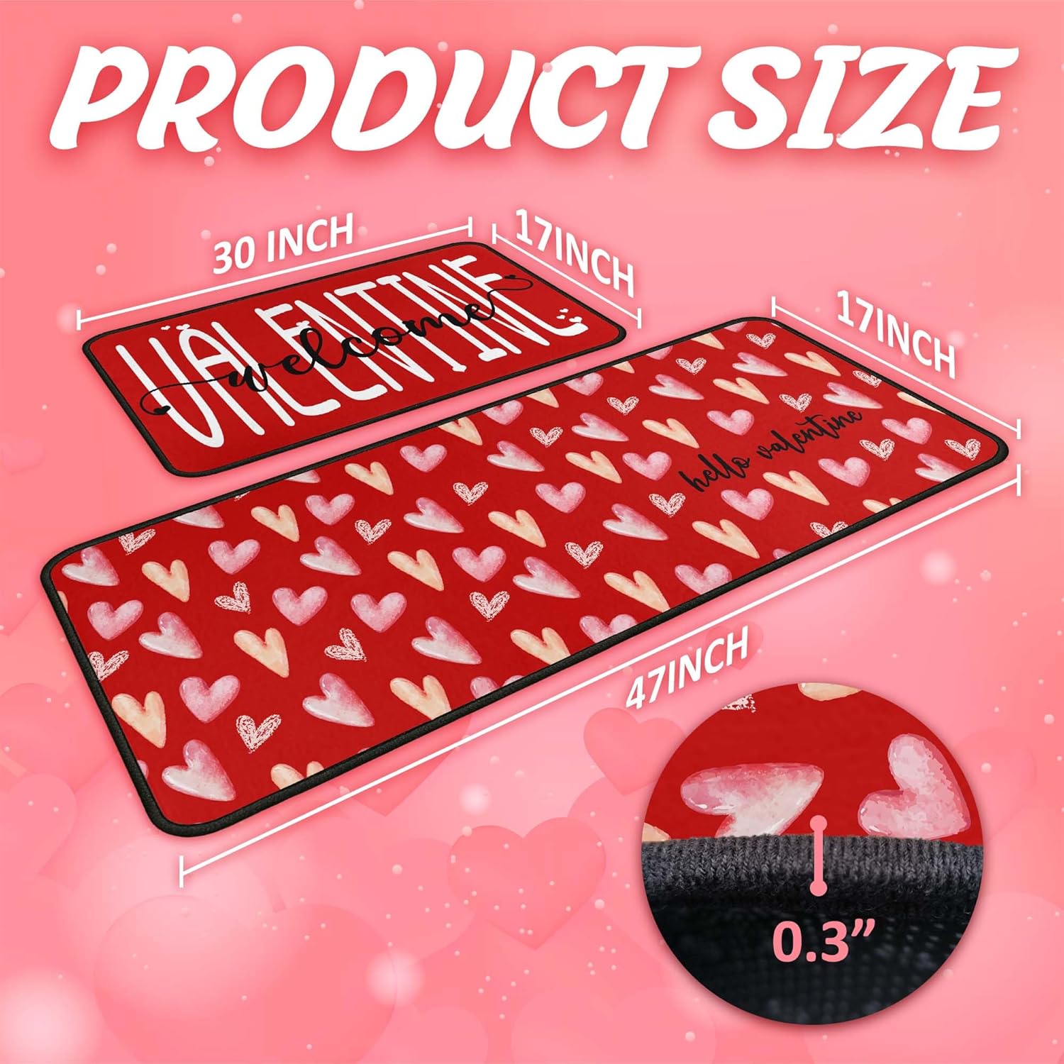 Valentines Kitchen Rugs and Mats Set of 2, Valentine Decor Non Slip Backing Valentine Day Kitchen Mat Valentines Decorations for Home Kitchen Floor Mat 17"x47"+17"x30"