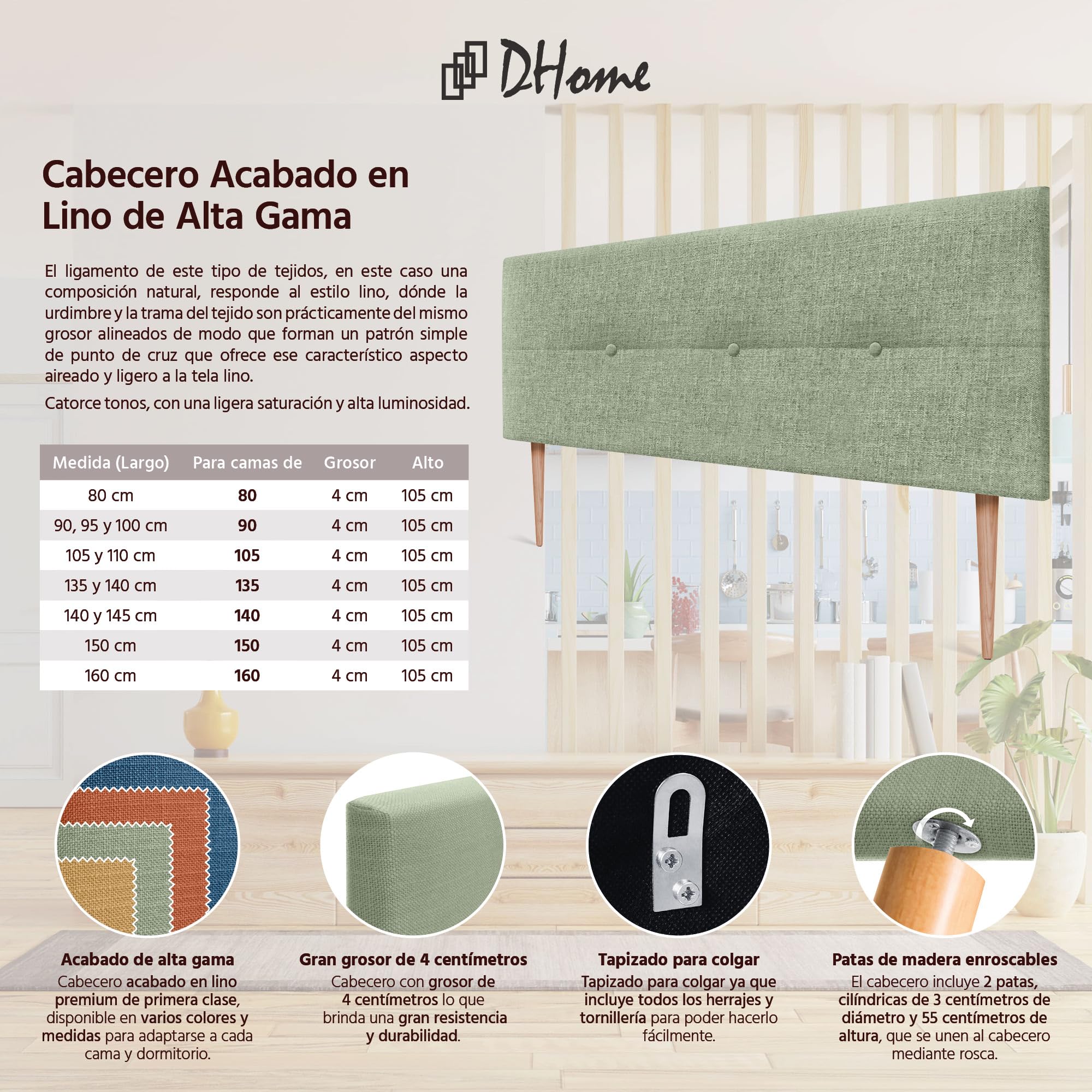 DHOME Cabecero de Lino Natural con Botones Cabezal Tapizado Cama Dormitorio Moderno Top Trending (Lino Verde, 150x105cm (150))