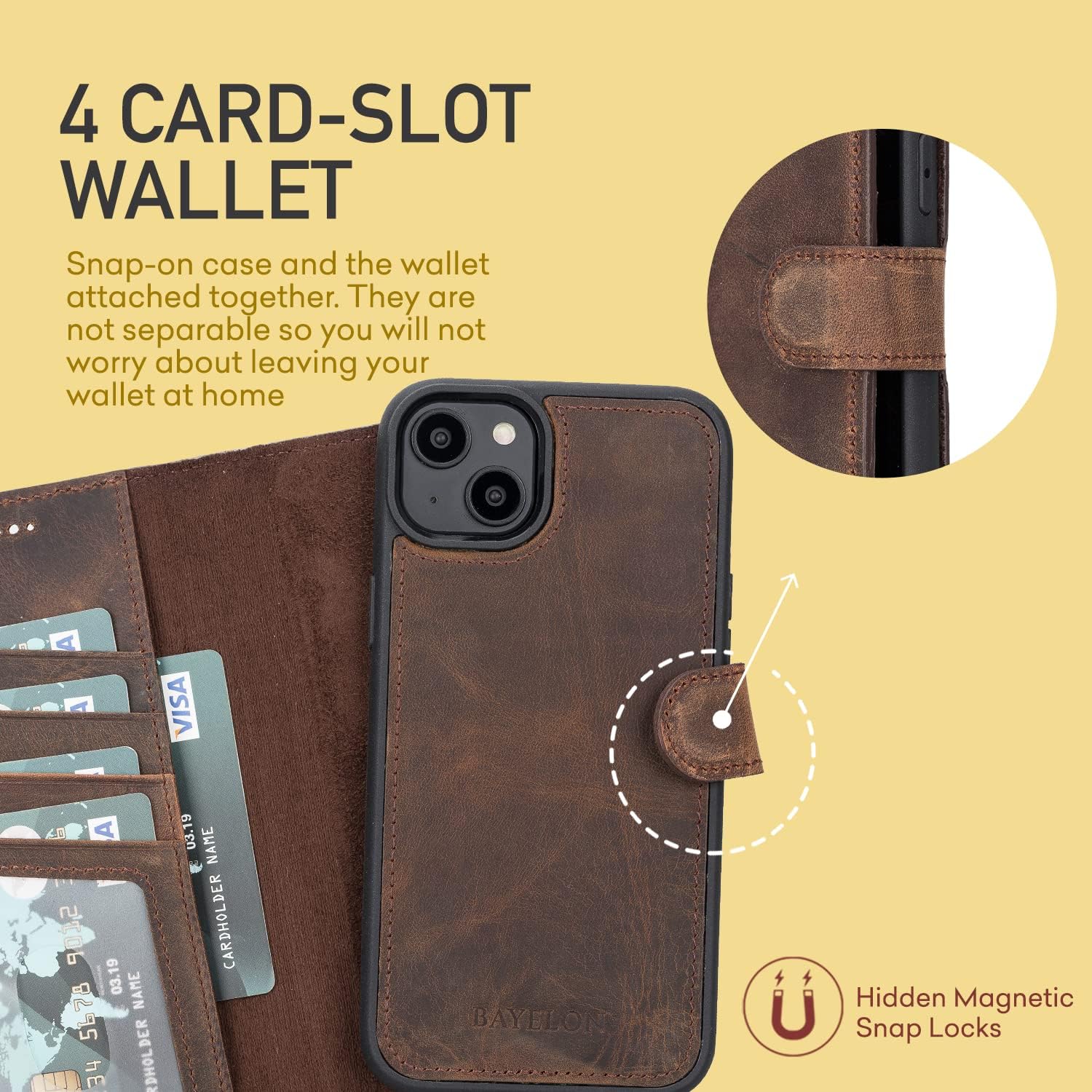 Bayelon Case for iPhone 14 Max, Full Grain Leather Wallet Case, [2in1], Detachable Magnetic Flip Cover with Card Slots, Kickstand, MagSafe Compatible (Dark Brown)
