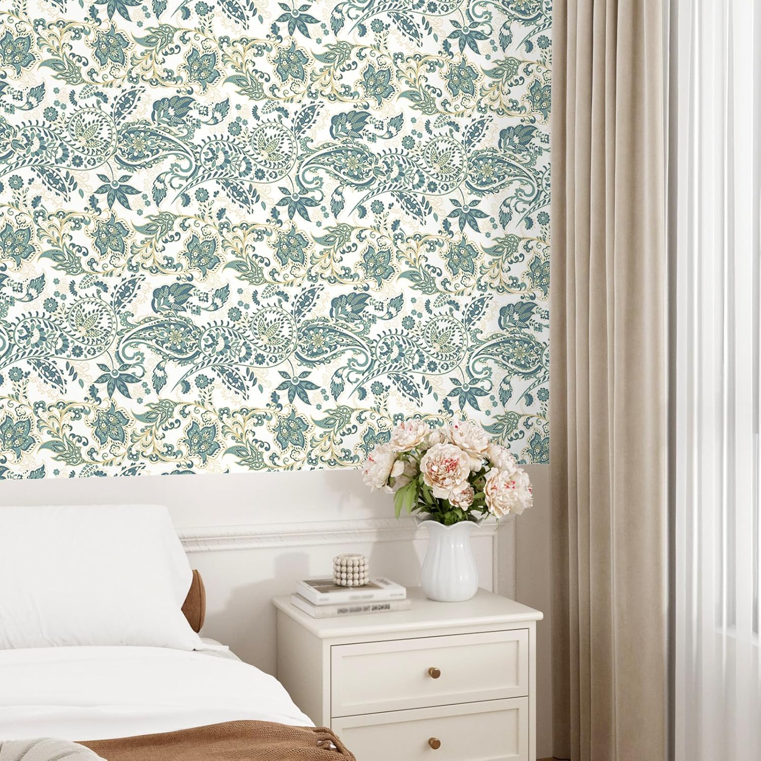 Green Paisley Flower Vintage Peel and Stick Wallpaper Self Adhesive Removable Bohemia Floral Contact Paper Stick on Easy Peel Off Boho Wall Paper for Kitchen Bedroom Bathroom Renter 17.5"×118"
