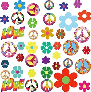 84 Pieces 60's Hippie Theme Party Stickers Retro Flower Stickers 60s Hippie Theme Party Retro Sun Flower Car Stickers Flowers Peace Sign Decals Colorful Hippie Decals for Laptops Skateboards Luggage