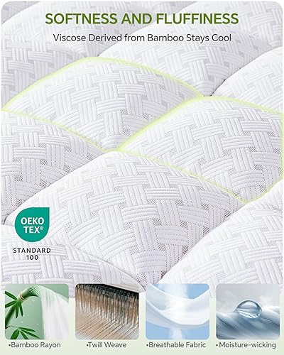 Vista 2 de Cubrecolchón de 3 pulgadas, tamaño Queen, con funda de rayón de bambú, protector de colchón lateral de malla transpirable, bolsillo profundo de 21