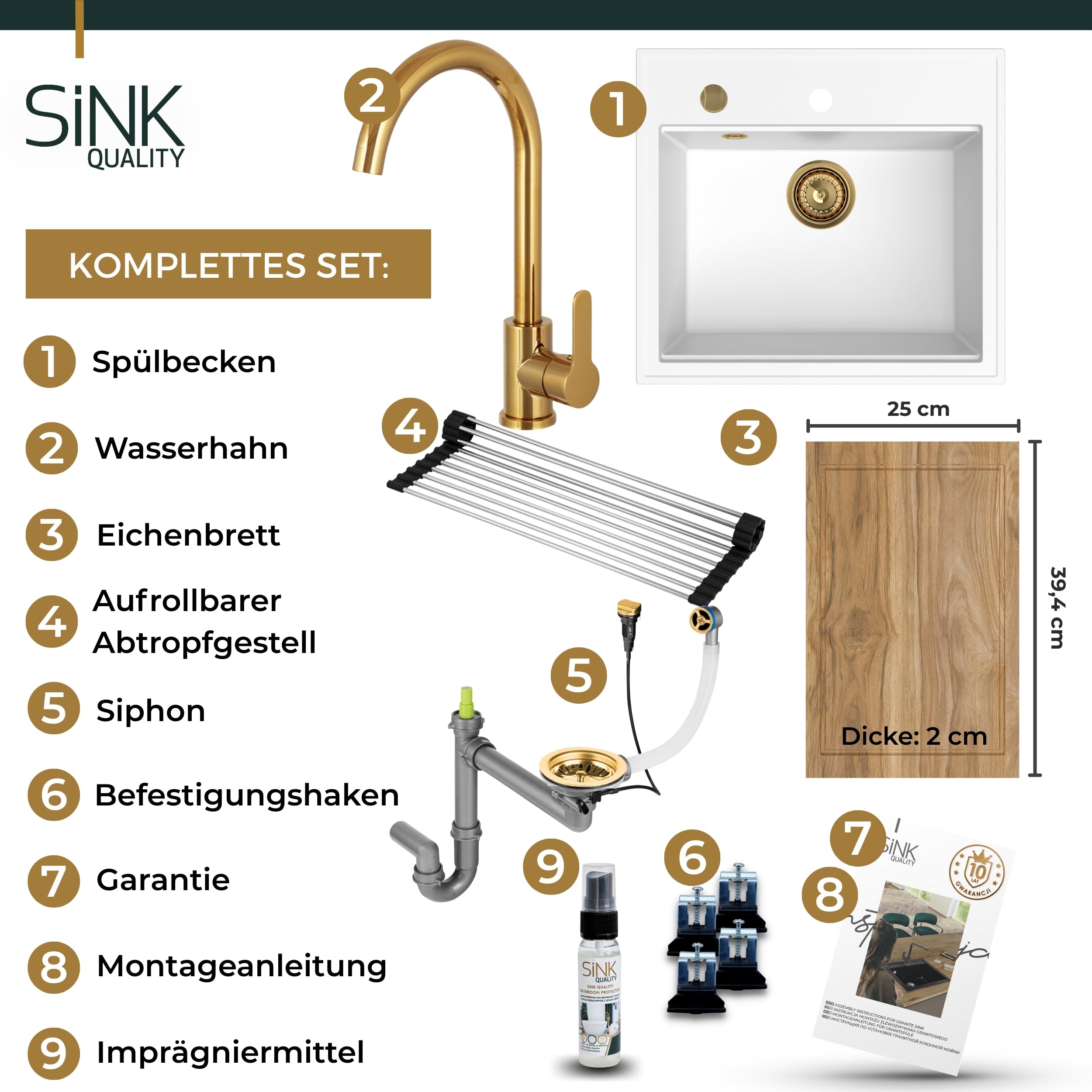 SINK Quality zlewozmywak biały z armaturą 56 x 51 cm – zlewozmywak z kranem, deska do krojenia, syfon, złoty, ociekacz, środek impregnujący – kompletny zestaw do szafki pod umywalkę 60
