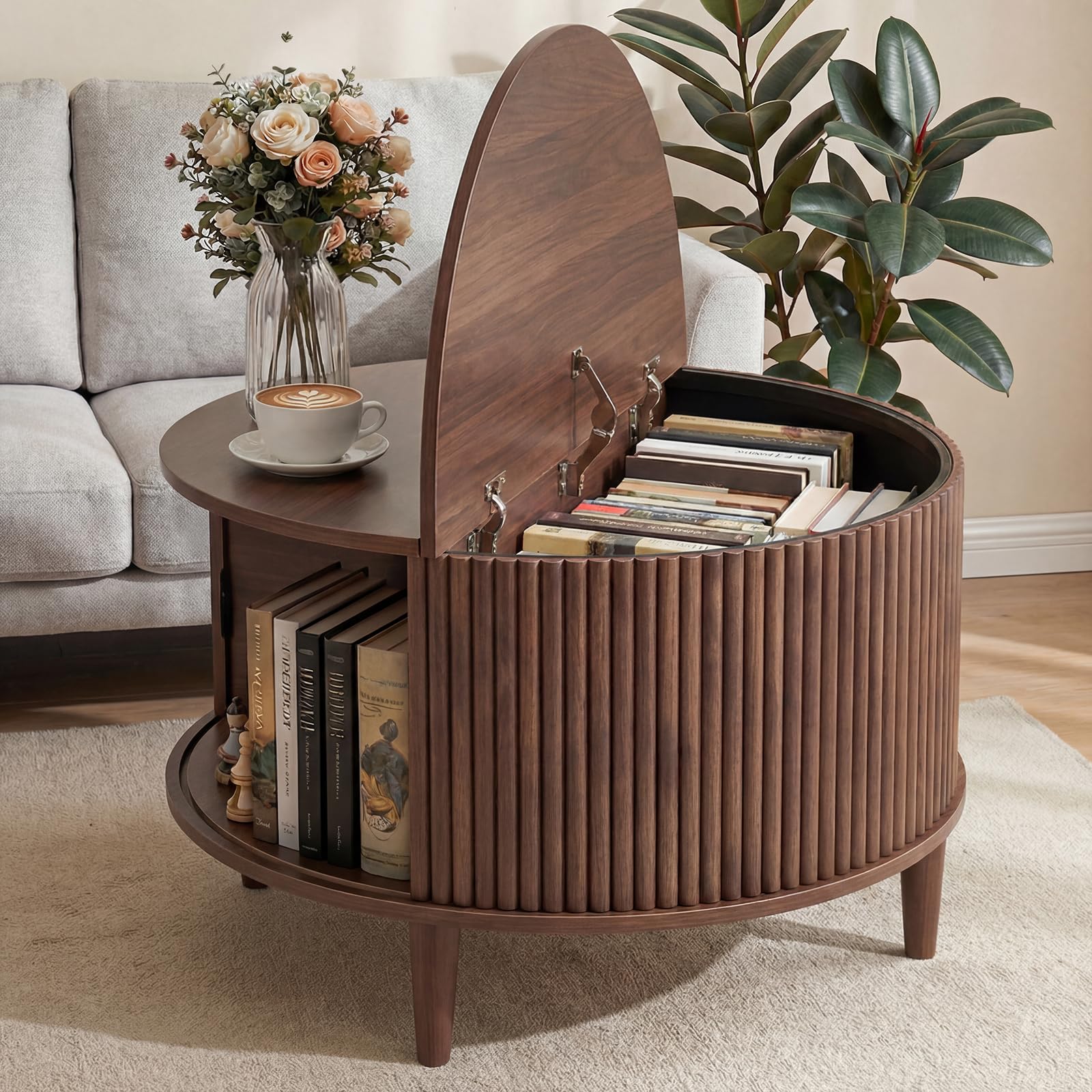 DUMOS round fluted coffee table with sliding door and two-tier storage in brown