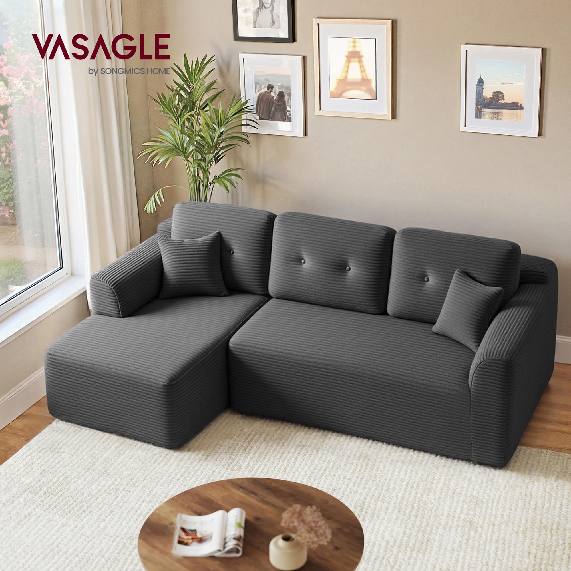 VASAGLE Divano Angolare, Divano Modulabile 244 cm, Consegnato Compresso in Collo, Senza Montaggio, con Ampia Chaise Longue a Sinistra, per Soggiorno, Camera degli Ospiti, Grigio Ardesia LCS183GN01