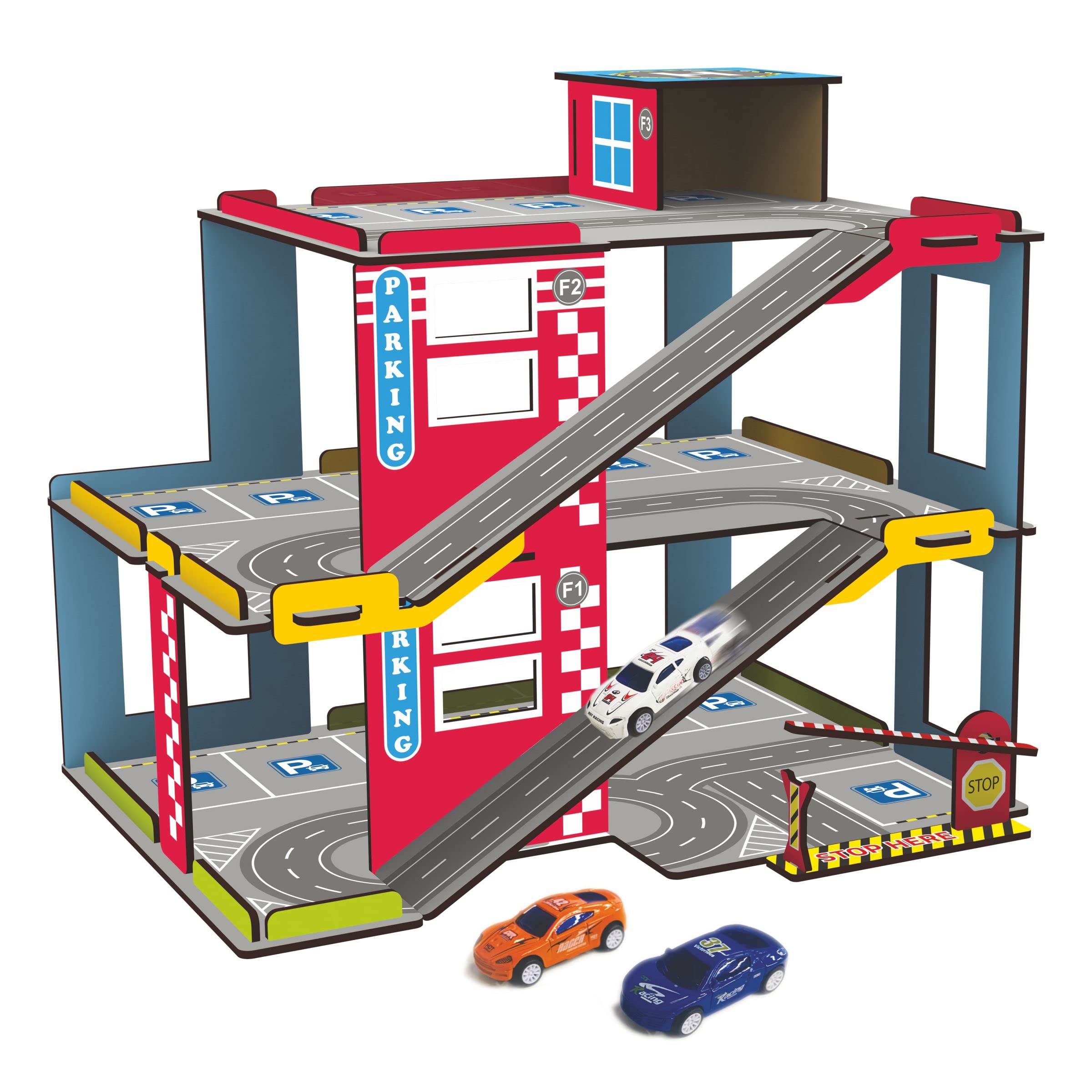 Webby Multilevel Parking Garage Playset with 3 Pullback Metal Cars, Parking Gate, Sign Boards and Helicopter for Boys and Girls - Image 7 thumbnail