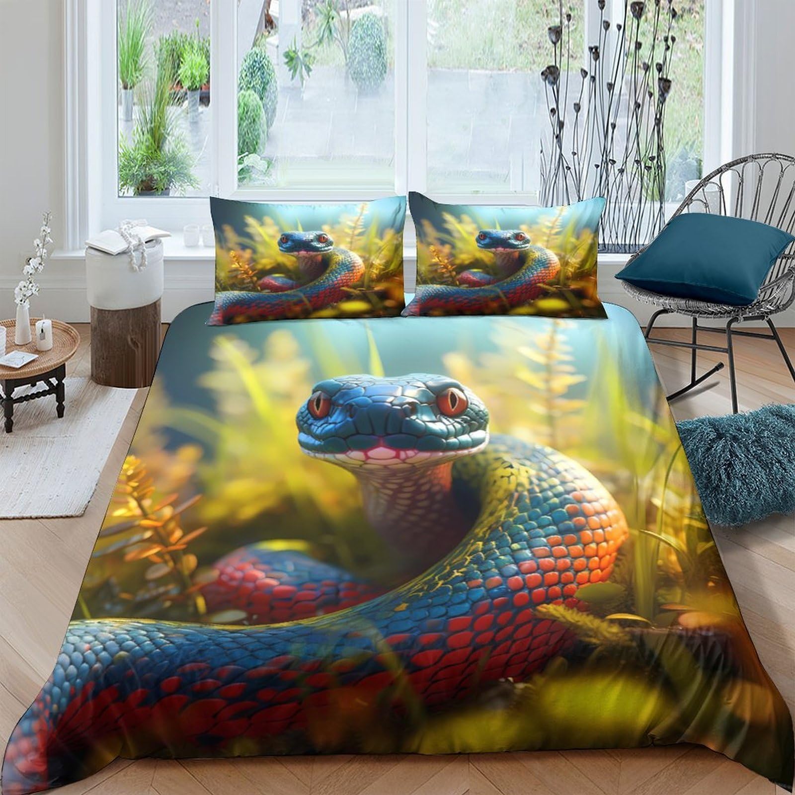 Ctjqhvkz Style-9 3D Printed Blue Red Snake Fitted Sheet Microfiber Soft Breathable Forest Jungle Bed Sheet For Bedroom Decor Single（135X200cm）