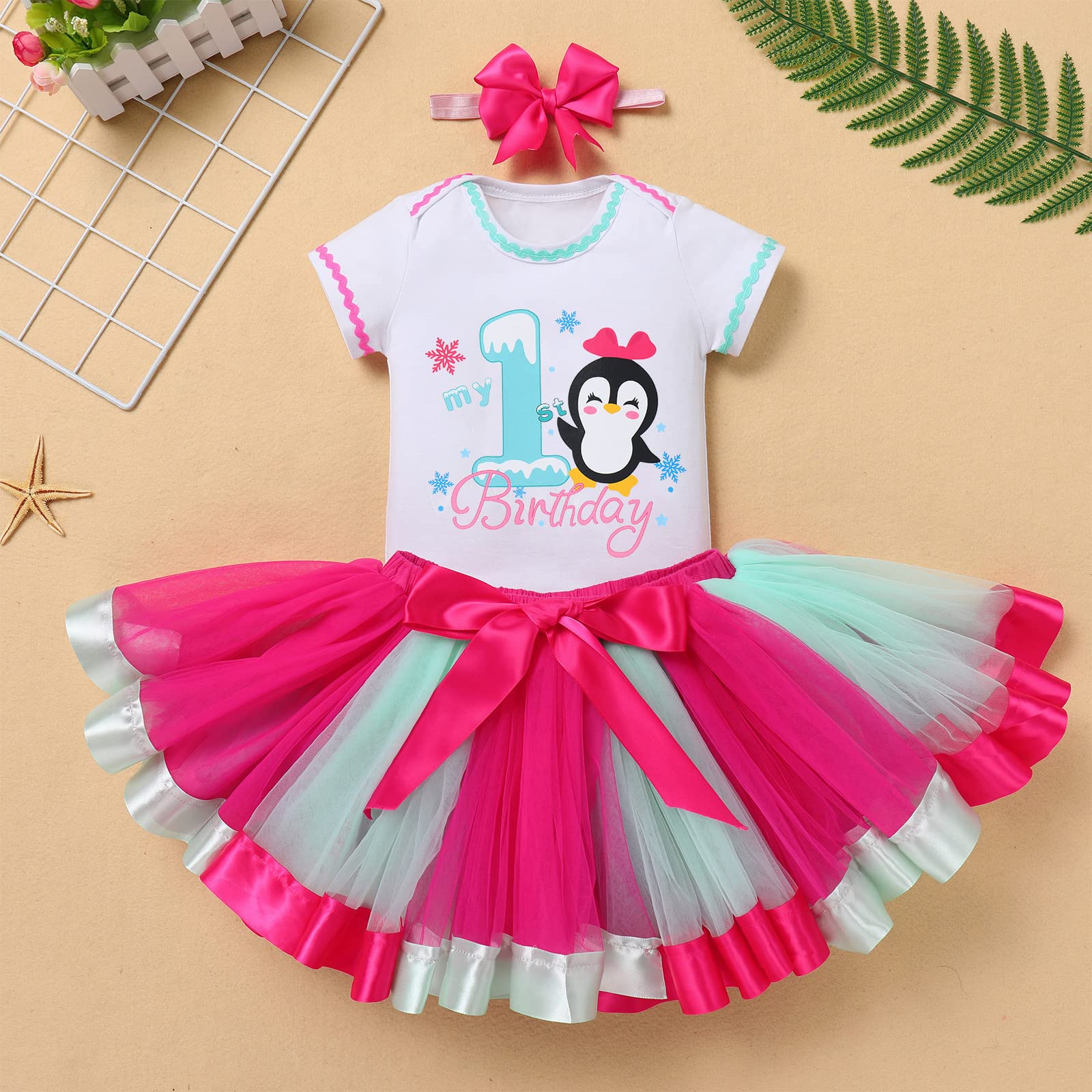 IBTOM CASTLE Winter Onderland Penguin Party First Birthday Outfit Baby Girls Romper+Tutu Skirt+Headband 1st Birthday Princess Dress Cake Smash Phtotoshoot Clothes Penguin-My 1st Birthday 1 Year