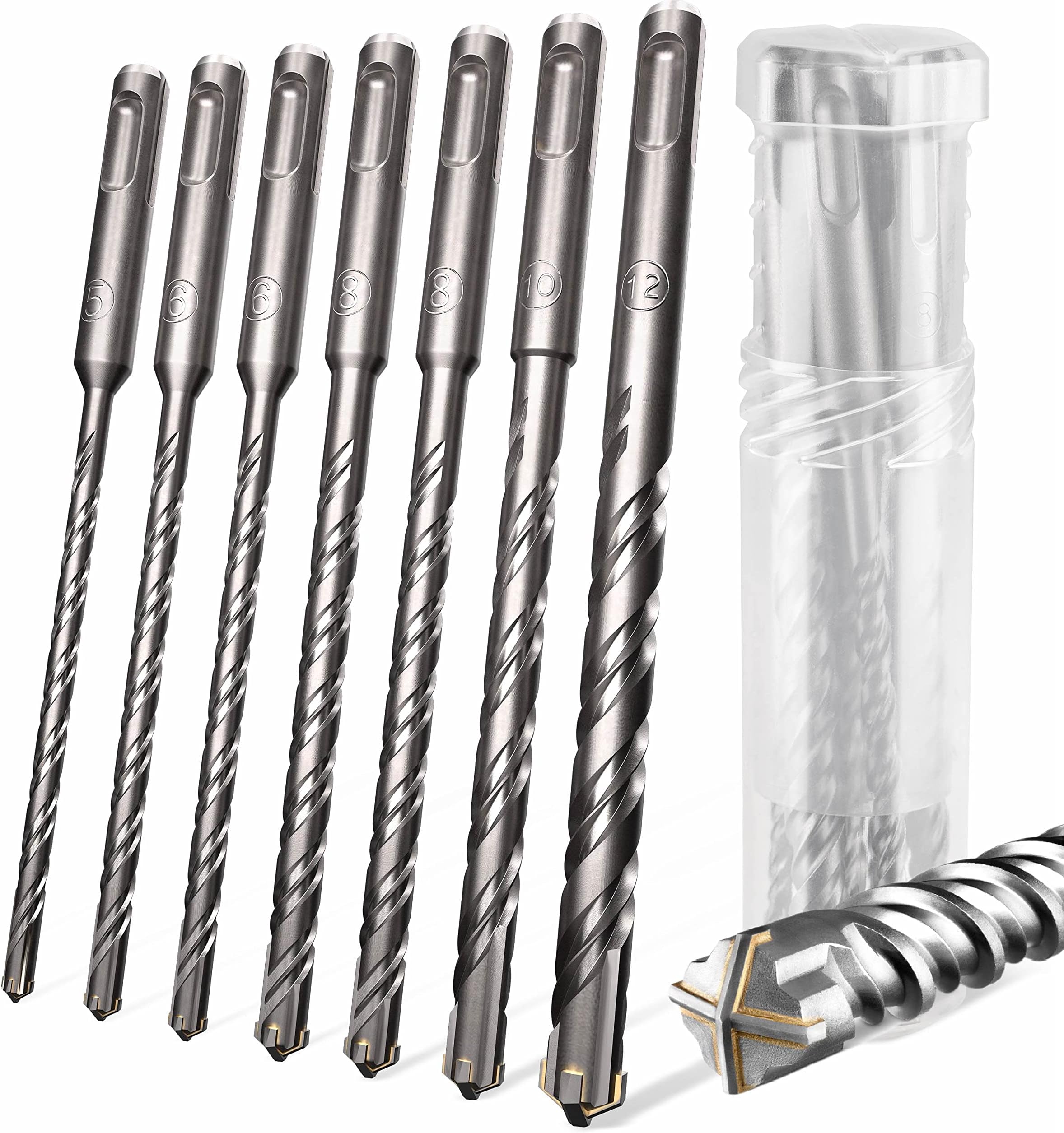 KSP-TEC® SDS Plus Drill Bit Set, Hammer Drill for Concrete with 4 Cutting Edges, in Sizes 5, 6, 6, 8, 8, 10, 12, Concrete Drill Bit (SDS Plus Drill Set 7 Pieces)