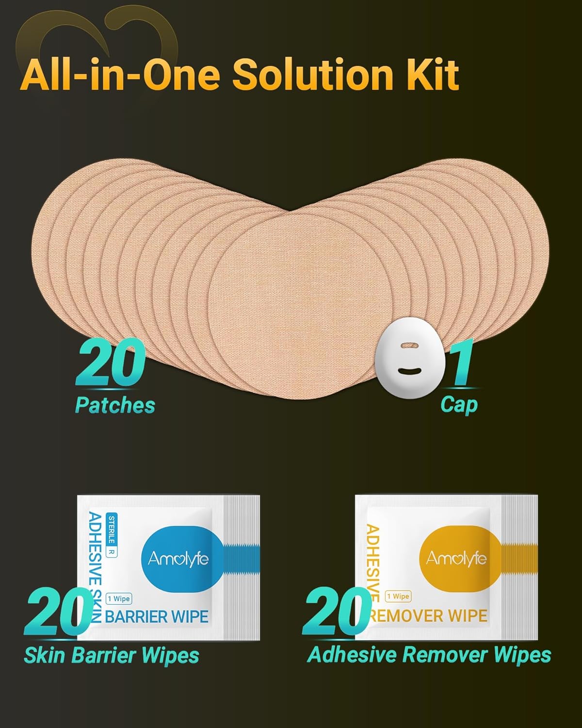 Dexcom G7 Over Patches Solution Kit, 20 Pack Dexcom G7 & Stelo Adhesive Patches Waterproof, 20 Skin Barrier Wipes & 20 Adhesive Remover Wipes for Enhanced Adhesion & Skin Protection (Tan)