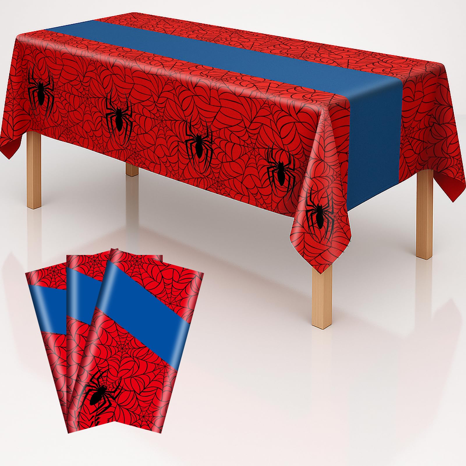 3-Pack Spider Theme Tablecloths - 54x108 Inch Disposable Plastic Table Covers for Birthday &amp; Halloween Parties, Red &amp; Blue Web Design Decorations for Little Ones, Adults, Indoor/Outdoor Event