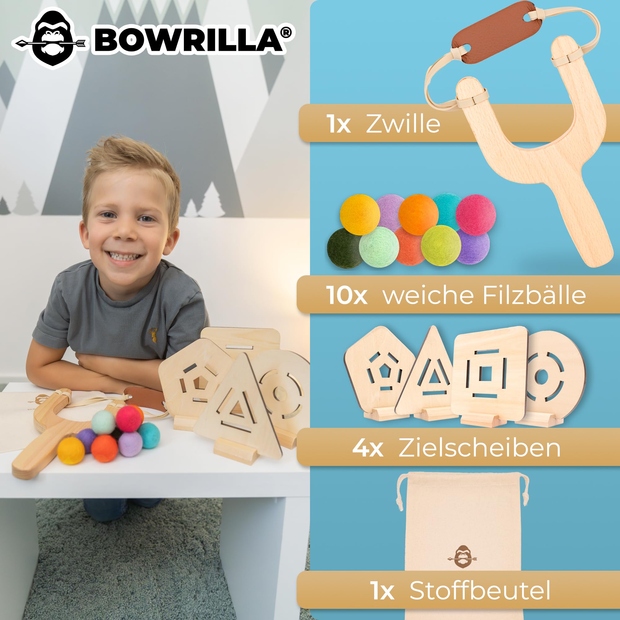 BOWRILLA® Fionda per bambini con 10 palline morbide e 4 bersagli in legno, ideale per giochi interni ed esterni, set completo per bambini per mancini e destrorsi