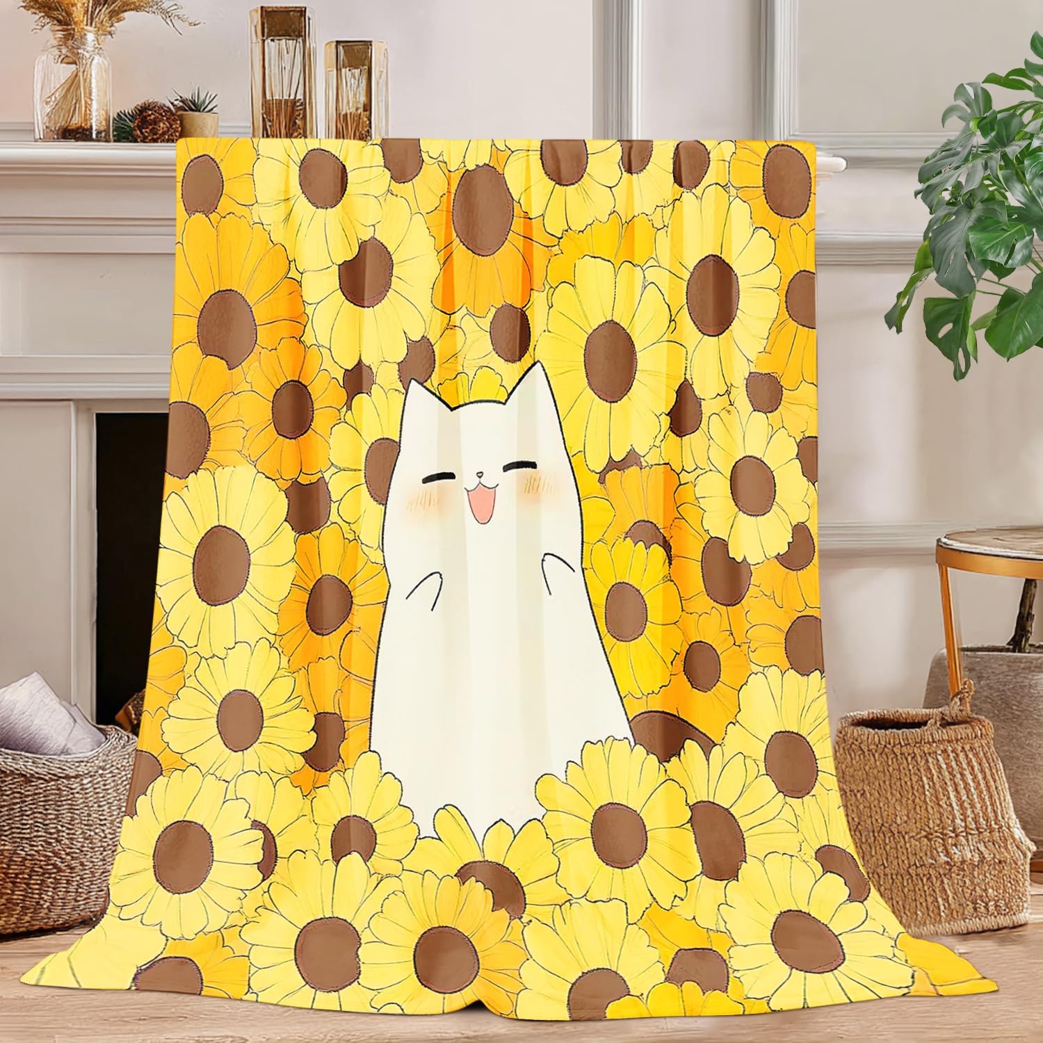 Cat Sunflower Blanket Cat Sunflower Decor Cozy Animal Throw Super Soft Plush Flannel Fleece Blanket Gift for Kids Adults Men Women Ultra Warm & Lightweight Flannel, 50"X40"