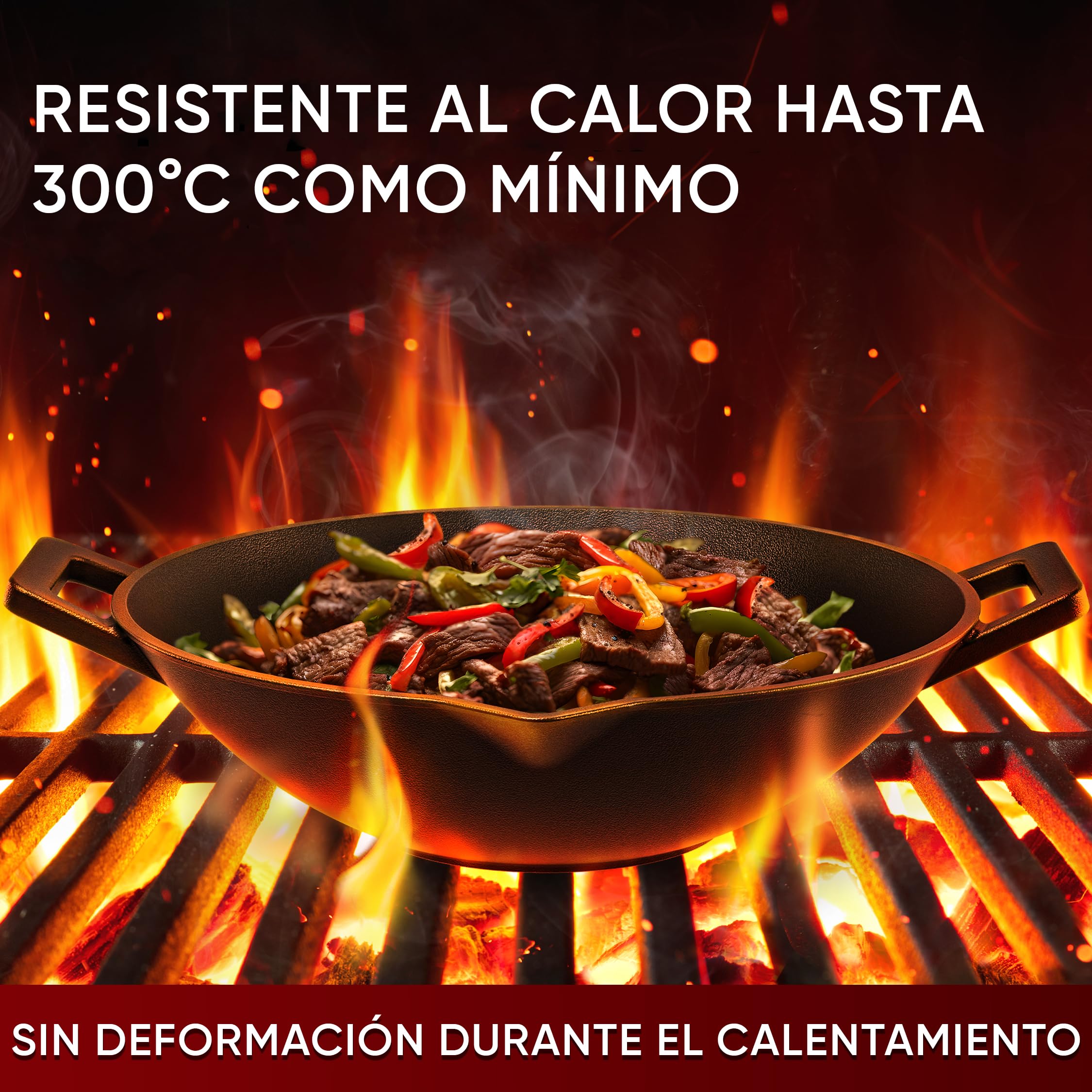 GUSSKÖNIG Wok de Hierro Fundido – sarten wok de 36 cm para Gas, Inducción, Vitrocerámica, Horno y Fogata – Incluye Limpiador de Anillo de Acero, Guantes para Grill y Recetario–Alternativa a Wok Tefal