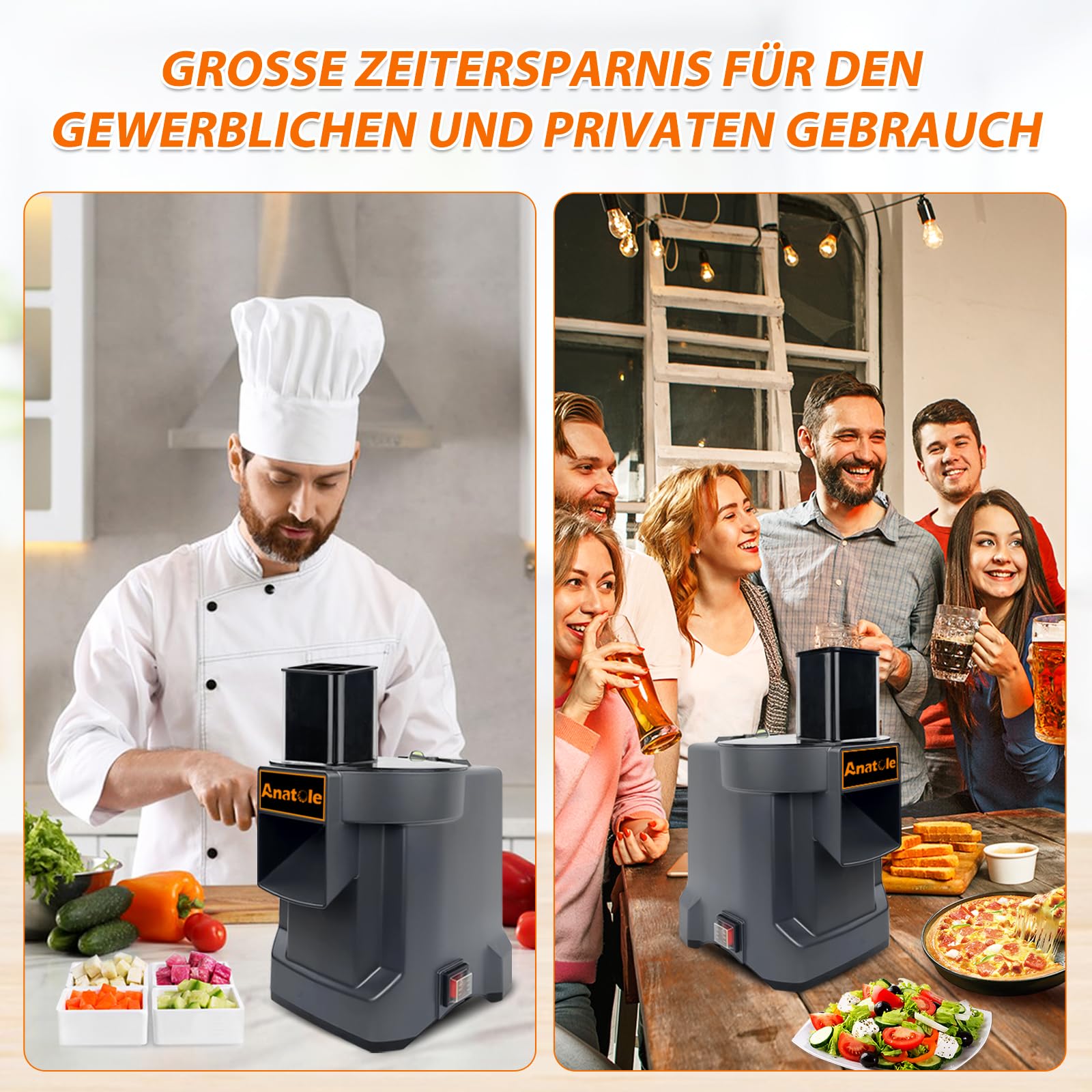 Anatole Würfelschneider Elektrisch Gemüseschneider Professionell 3 Klingen | 9mm/12mm/16mm Klingen aus Edelstahl, für Kartoffel Karotte Zwiebel Gurke Obst, für Restaurant Hotel Hause, 100W 220V