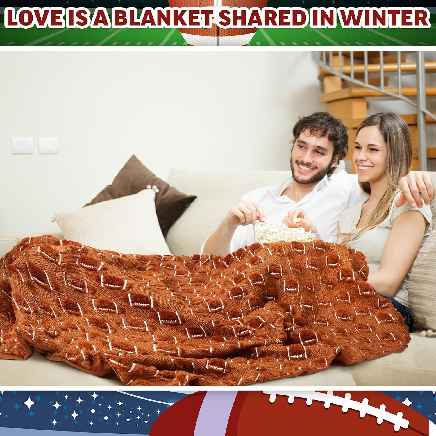 3D Brown Football Blanket 50 x 60 Decorative Rugby Flannel Sports Throw Blanket Rugby Stuff Team Gifts Football Lovers Players for Couch Sofa Bed Home Decor Christmas Thanksgiving Gift