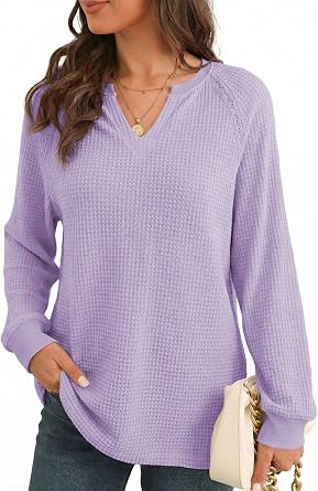 BLENCOT Long Sleeve Shirts for Women Trendy V Neck Fall Tops Cute Casual Waffle Loose Fitted Sweatshirt
