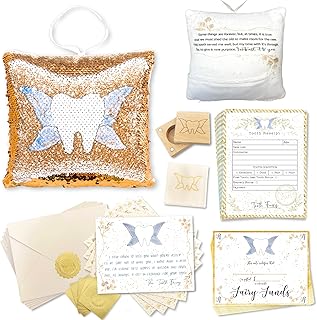 | Complete Tooth Fairy Kit w/Tooth Fairy Pillow, Tooth Fairy Receipt, Cash Alternative Tooth Certificates, Tooth Box, Tooth Fairy Pouch, & Tooth Fairy Letter Kit (Gold)