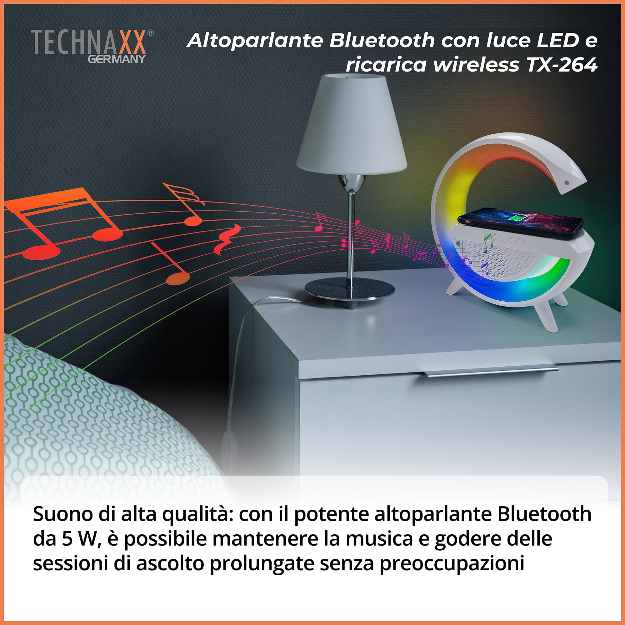 Technaxx Lampada da Comodino LED con Altoparlante Bluetooth e Ricarica Wireless 10W, Luce RGB Atmosfera, Caricatore Qi, USB MicroSD Radio FM AUX, Vivavoce, Stazione Multifunzione TX-264