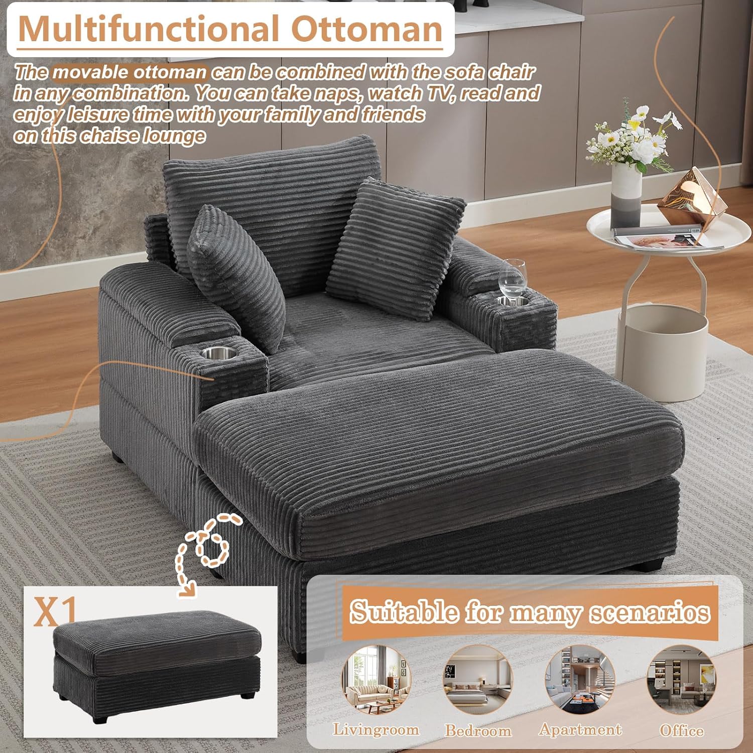 42.12'' Oversized Chaise Lounge Chair with Ottoman, Comfy Corduroy Indoor Lounge Chair with Armrest Storage, Cup Holder, and Pillow for Living Room & Bedroom, Grey