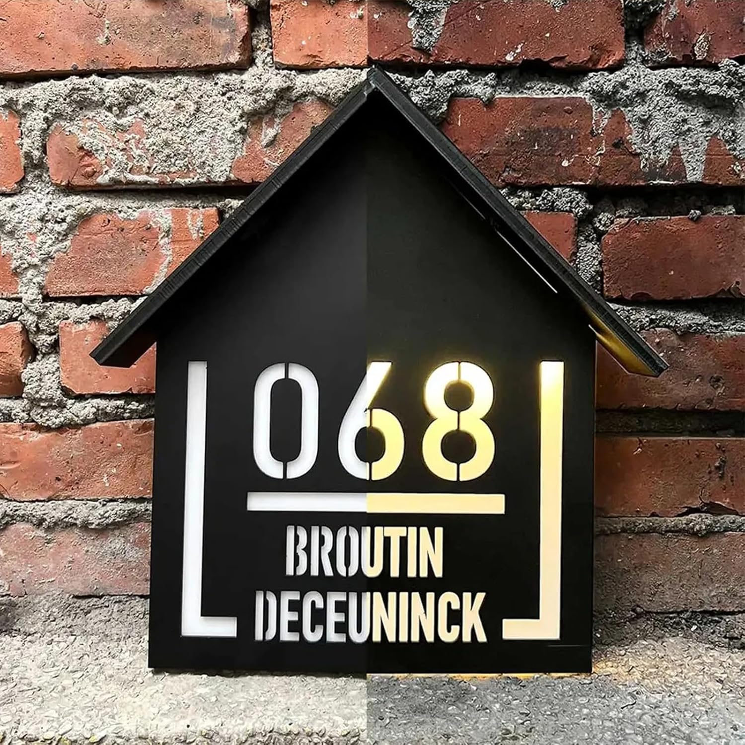 Personalized Solar House Number Sign LED Light Exterior House Number Outdoor 3D Laser Cut Street Address Family Name Door Sign (design B)