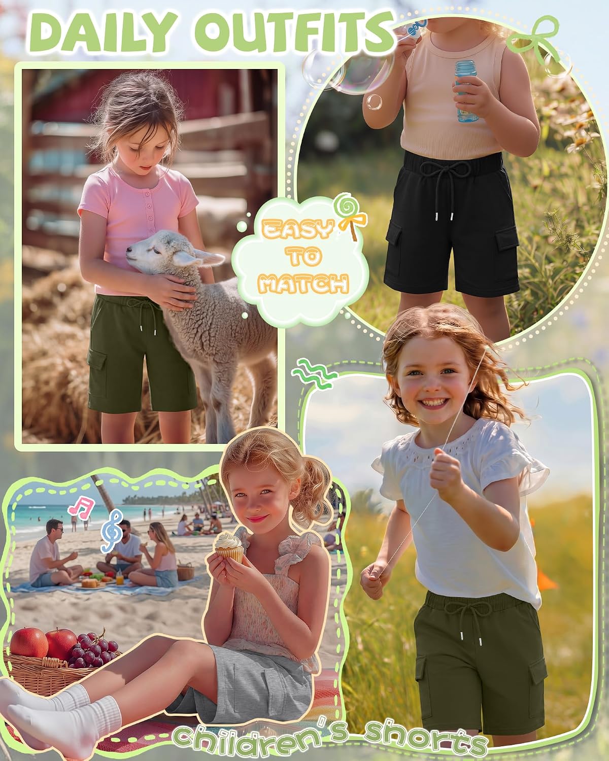3 Pack Girls' Cargo Bermuda Shorts Loose Knee Length Summer Athletic SweatShorts Teen Baggy Long Shorts 5-14 Years