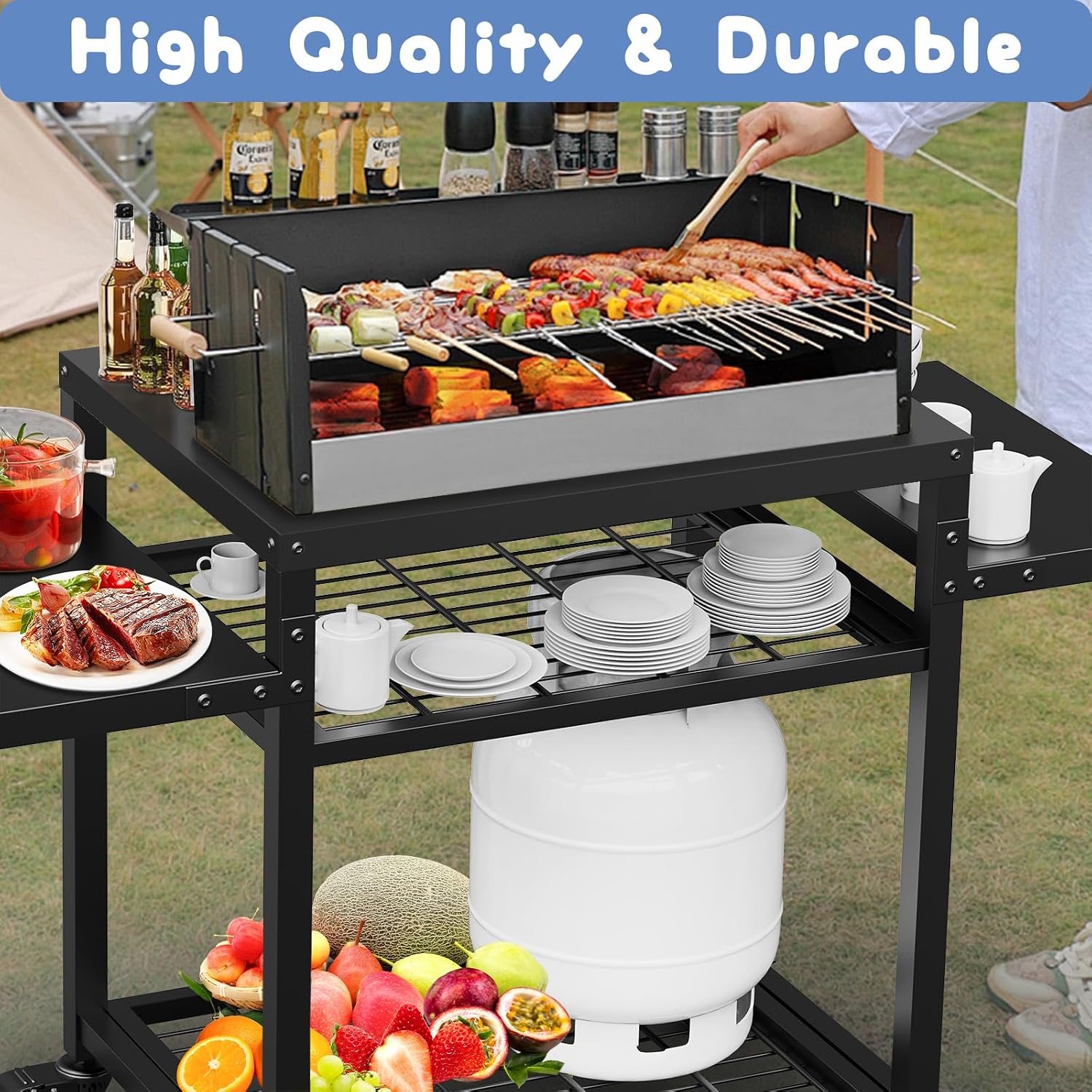 42" x 20" Three-Shelf Grill Cart - Outdoor BBQ & Work Cart - Movable Pizza Oven Table - Commercial Multifunctional Kitchen Food Prep Worktable