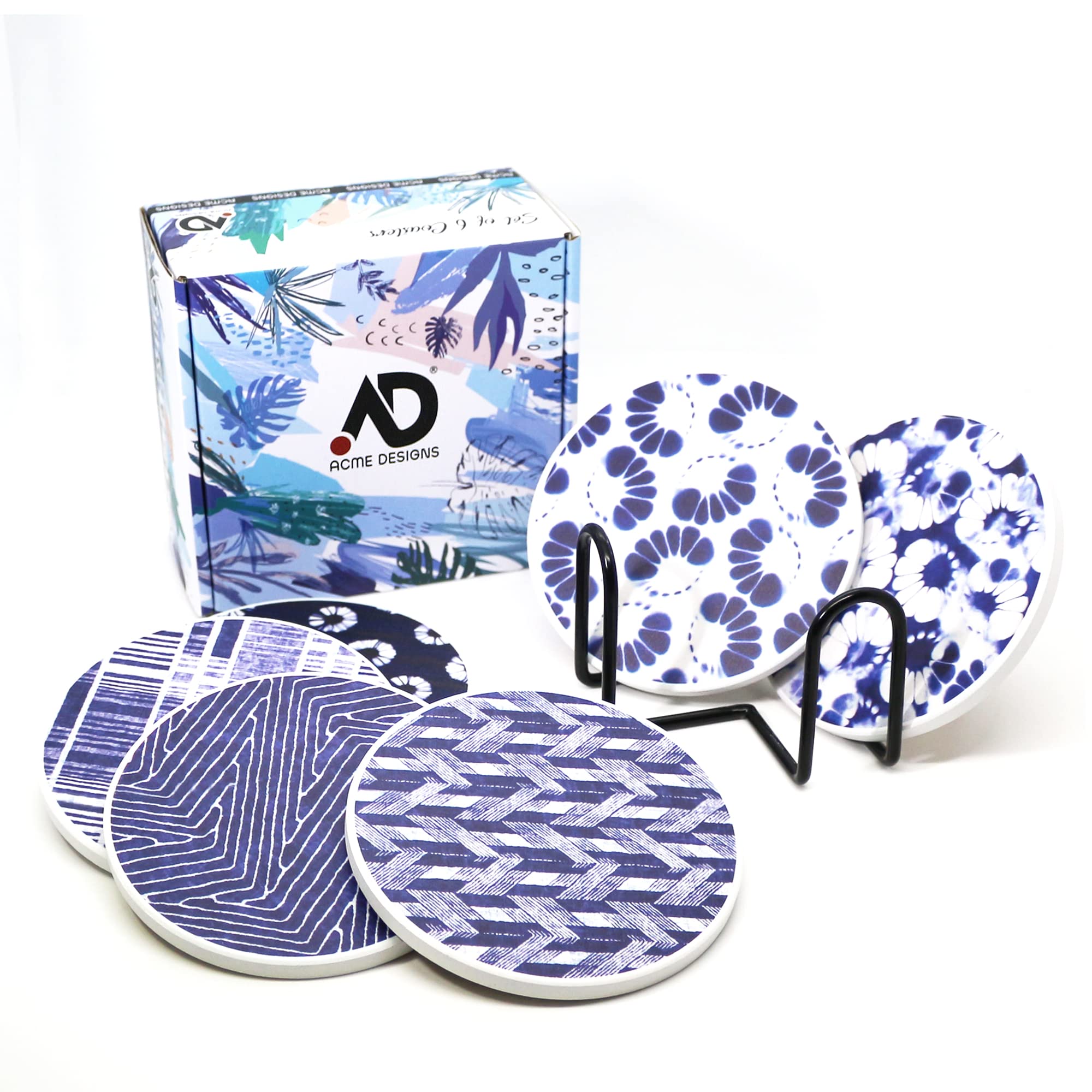 Set of 6 Coasters for Drinks Absorbing Round Ceramic Stone Coaster with Cork Base,Tabletop Protection Mat for Mugs and Cups,Office,Kitchen (Shibori with Holder)