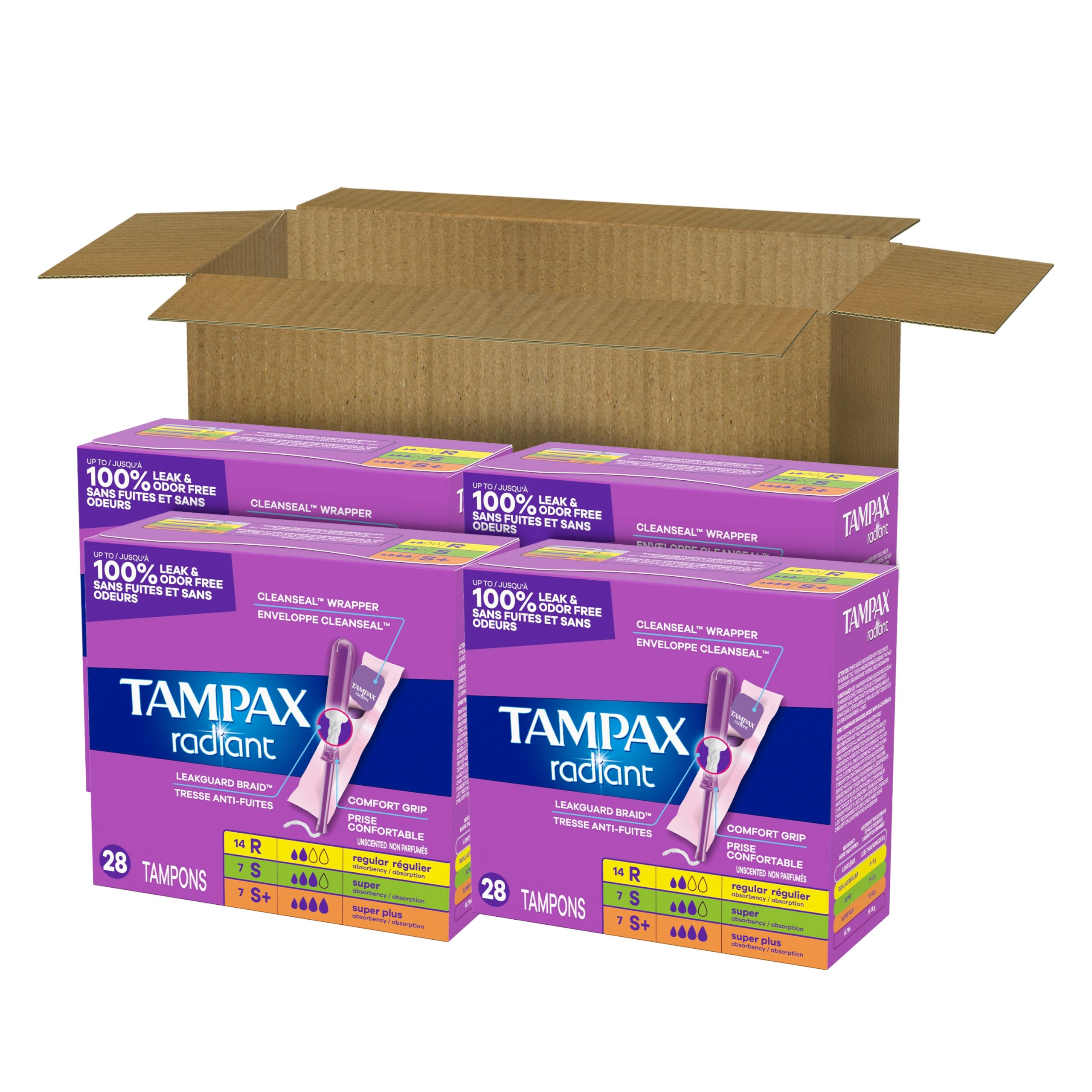 Tampax Radiant Tampons für Frauen, Multipack, mit LeakGuard-Geflecht, regulär/Super/Super Plus Saugfähigkeit, geruchlos, 112 Stück (4 Packungen mit je 28 Stück), Verpackung kann variieren