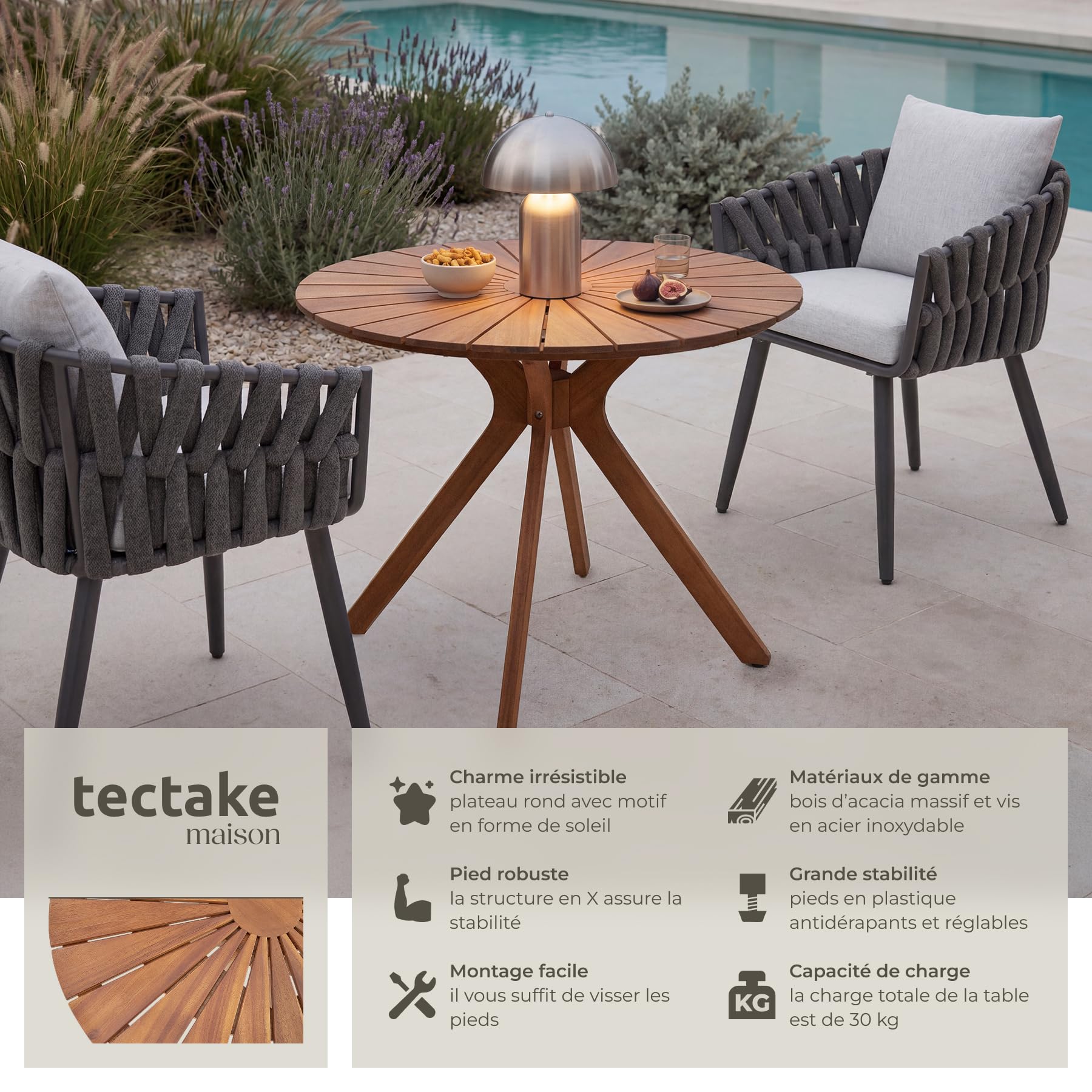 tectake® Table de Jardin Ronde Ø70 x 62 cm, Résistante aux intempéries, Table extérieure en Bois d'acacia, Plateau en Forme de Soleil, Piètement en X, Pieds réglables en Hauteur, Mobilier de Jardin