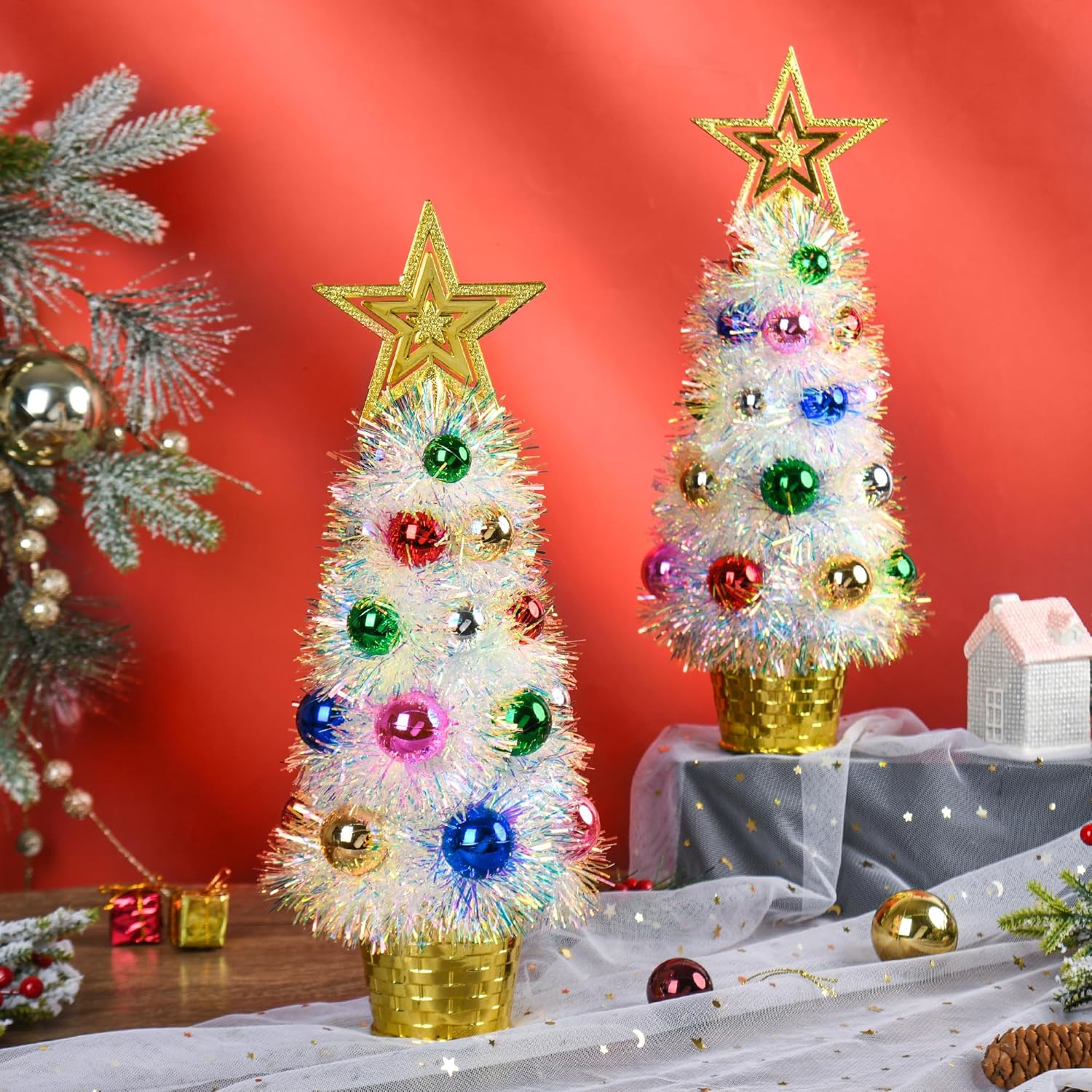 2 Pack Tabletop Christmas Trees with Yellow Star and Multicolored Ornaments, 14 Inch Mini White Tinsel Christmas Tree Decorations for Table, Desk, Office, or Holiday Party Centerpiece