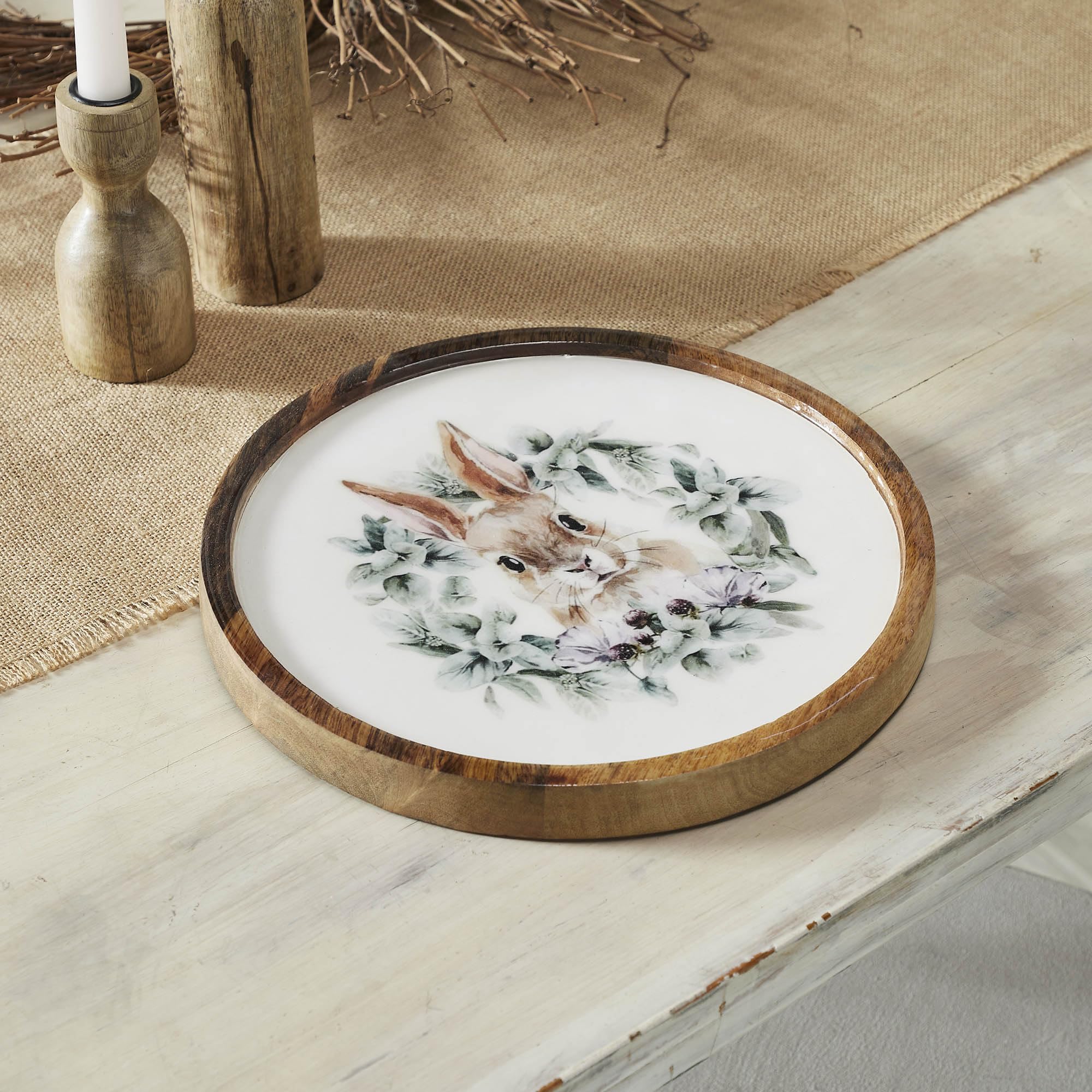 Photo 1 of *MAJOR DAMAGE*
VHC Brands Bunny Hop Wooden Plate Natural w/Bunny & Wreath 11.5x11.5, Spring Decorations, Home and Table Decor, Spring and Easter Figurines