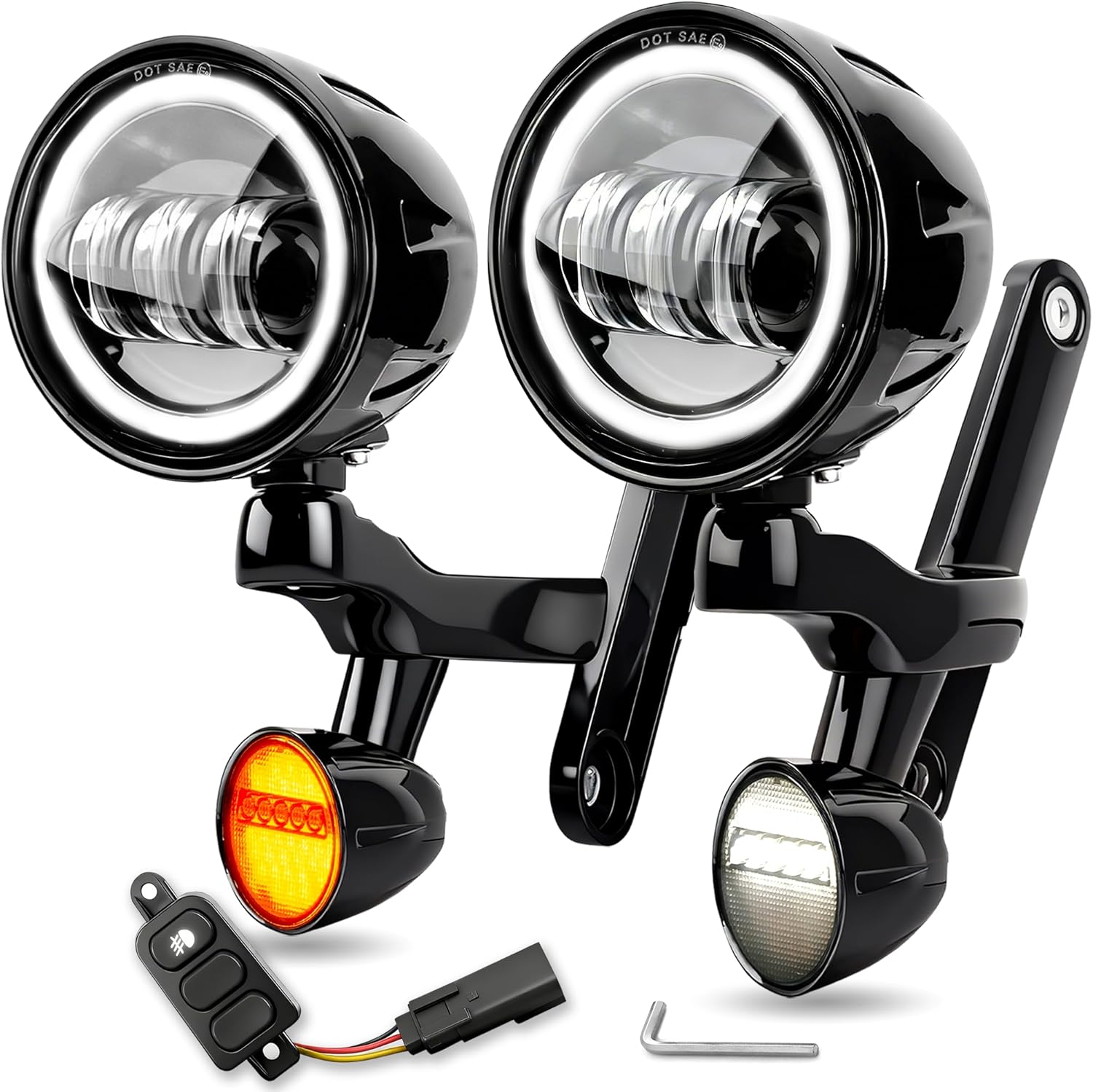 4.5" Halo LED Auxiliary Passing Spot Fog Lights & Bullet Turn Signal Assembly Kit, Housing Bucket Mount Bracket & Lamp Switch For Harley Touring Street Glide Electra Glide 2014-2023