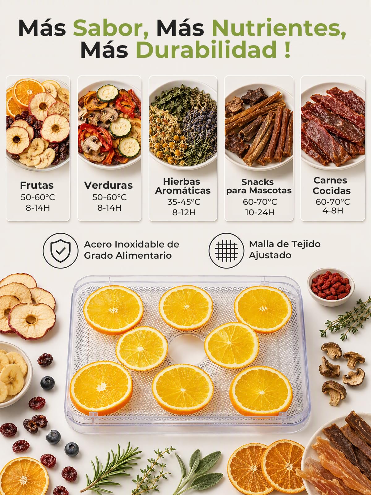 FOHERE Deshidratador de Alimentos, 6 Bandejas de Acero Inoxidable, 35-70°C | Temporizador de 48H, 400W, 3 Frasco de Almacenamiento, Molde de Silicona para Barras de Cereales, para Frutas Verduras Carne