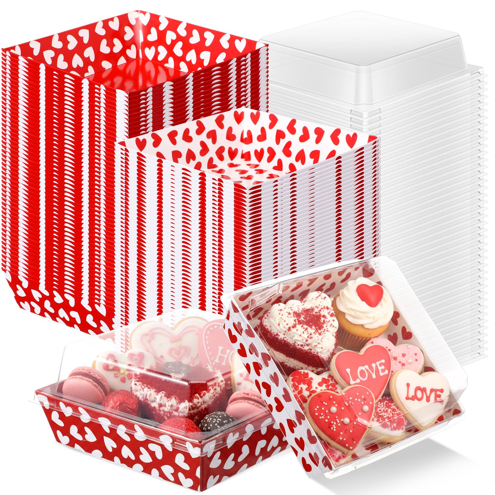Potchen 100 Pack Valentine‘S Day Charcuterie Boxes with Clear Lid Red White Heart Shaped Cookie Boxes with Window Square Candy Treat Container Dessert Cake Box for Gift Giving Valentines Wedding Party — image 1