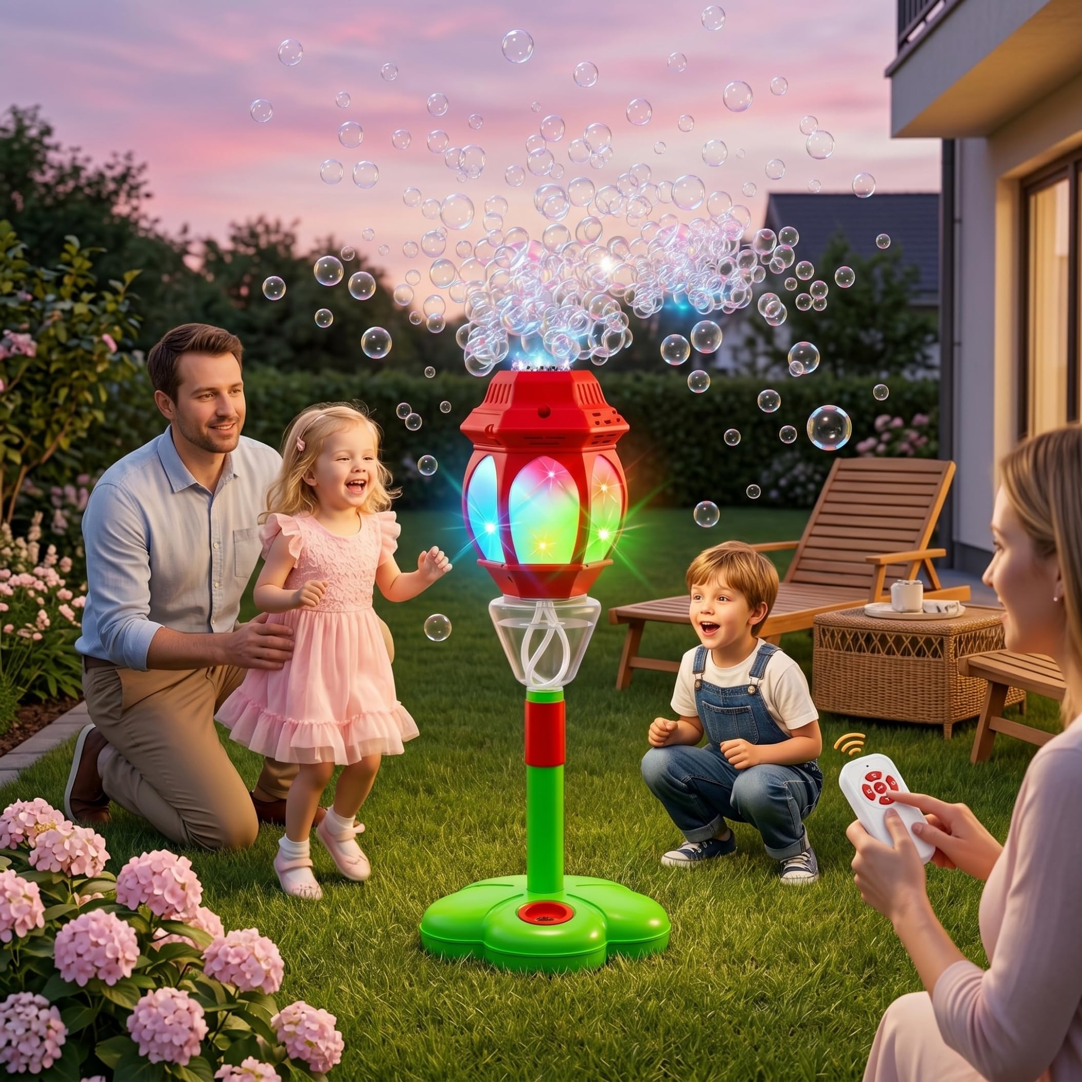 Máquina de burbujas para niños, máquina automática de burbujas con sonido y luz, linterna para niños, liberación de un botón, control remoto, soplador rojo recargable