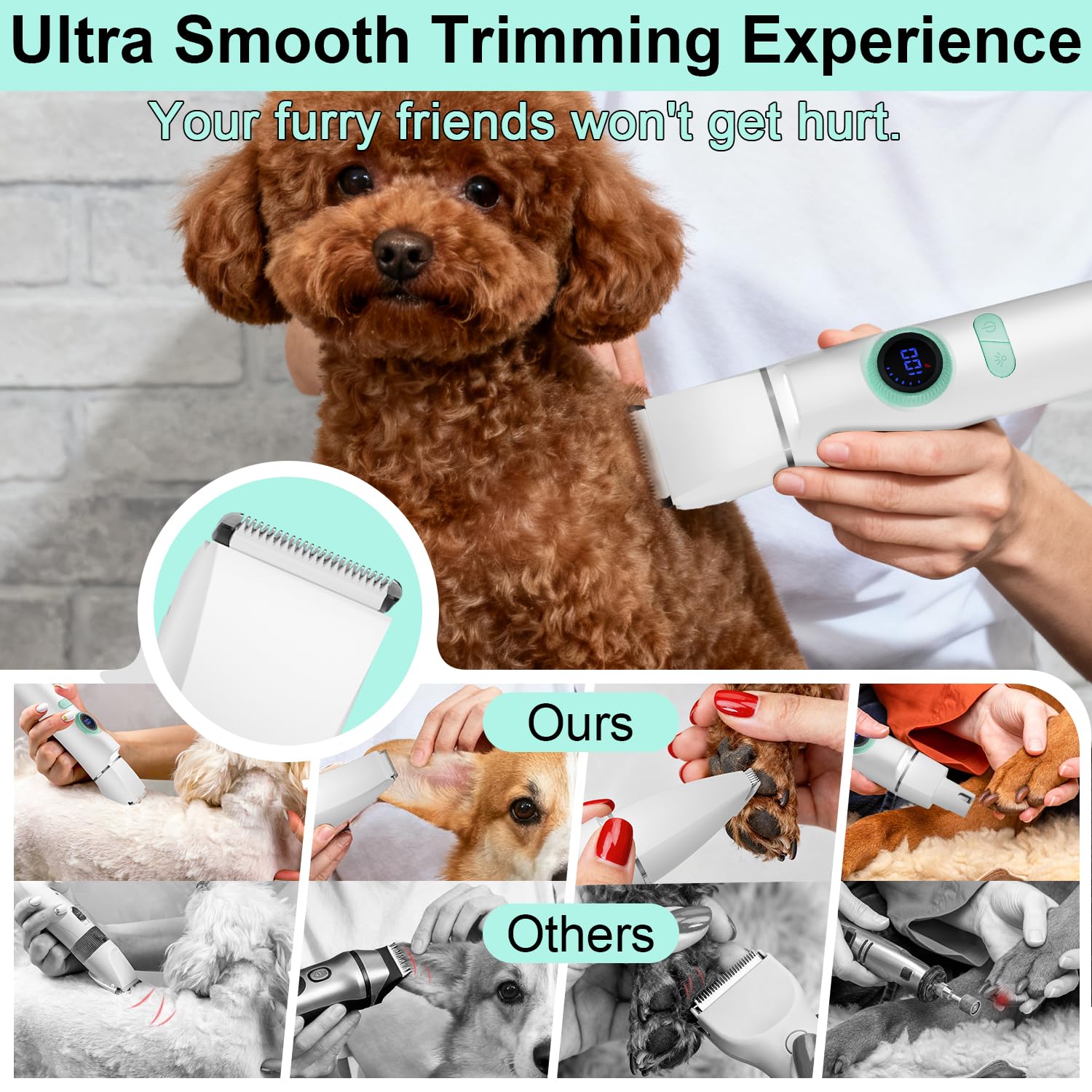TBTeek Cortapelos para perros con luz LED, kit de aseo inalámbrico 4 en 1, recargable y silencioso, cortaúñas para mascotas, recortador de patas para cuerpo, cara, orejas, uñas