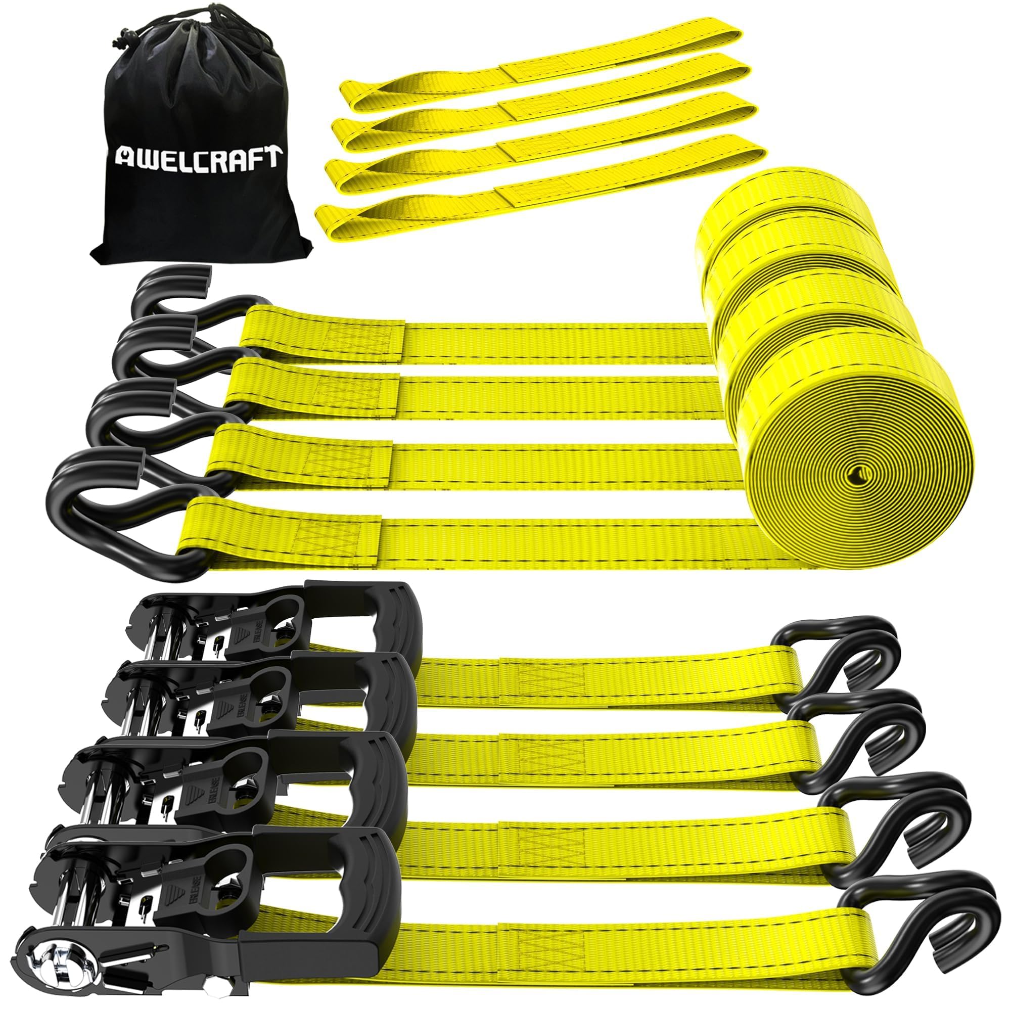 AWELCRAFT Ratchet Straps(4 Pack),3300lb Breaking Strength,1.5in×10ft Heavy Duty Tie Down Ratcheting with Padded Handles,Double J Hooks & 4 Soft Loops