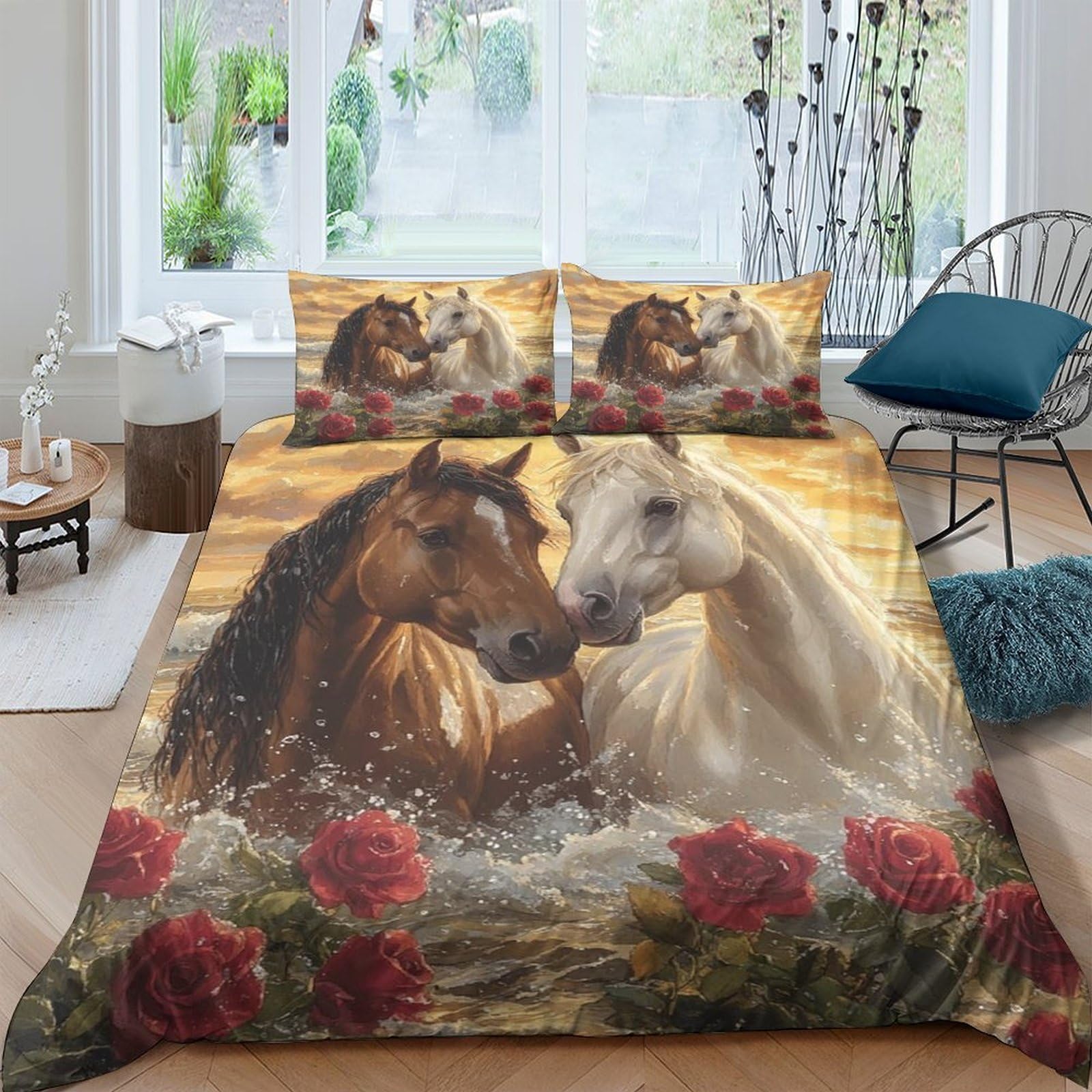 Ctjqhvkz Style-6 3D Printed Romantic Horse Rose Fitted Sheet Microfiber Soft Bed Cover For Bedroom Guest Room Mattress Protection Single（135X200cm）
