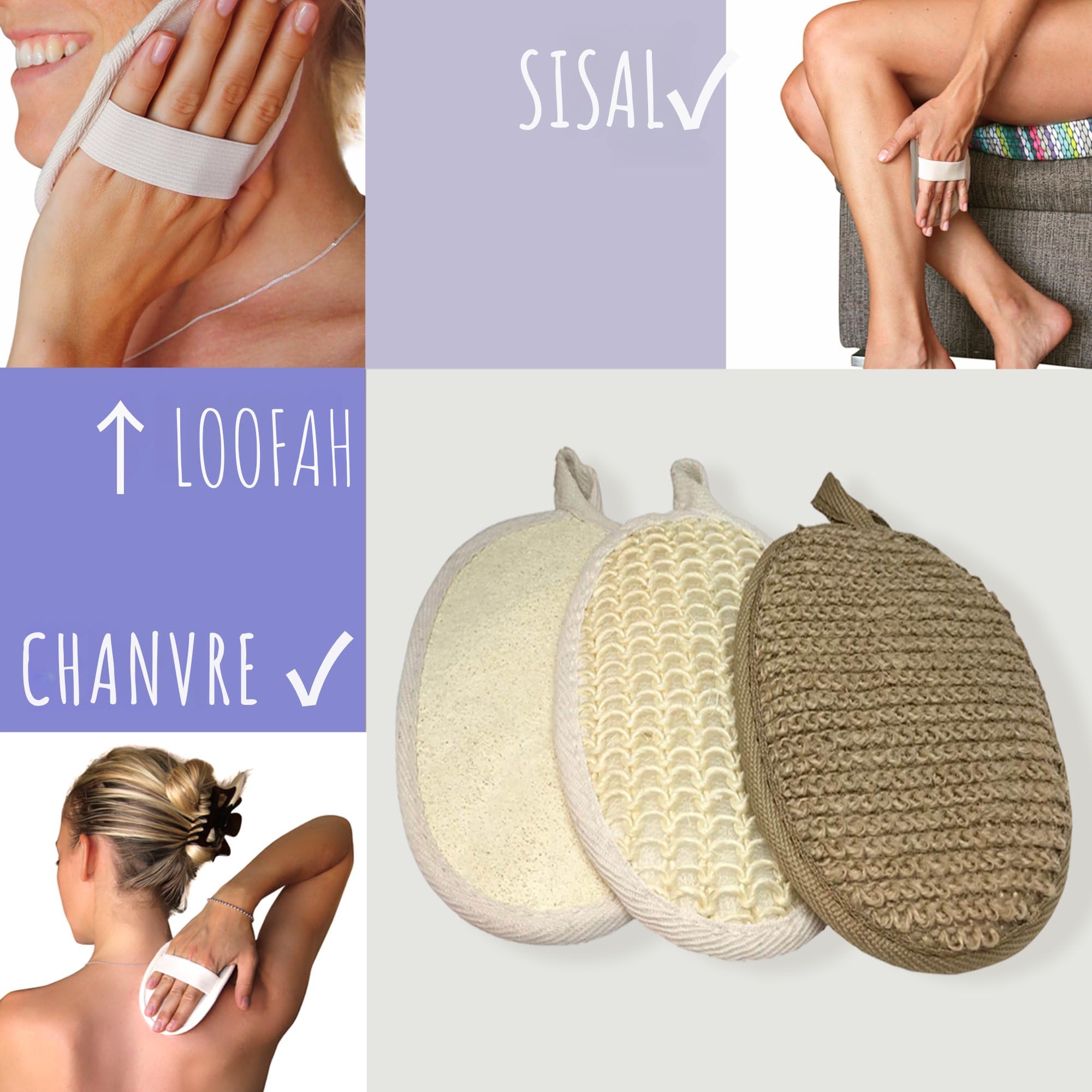 Gants Exfoliants Naturels Lot de 3, Luffa Chanvre Sisal, Pour Corps et Visage, Peau Douce et Éclatante, Vegan, Réutilisables, Zéro Déchet