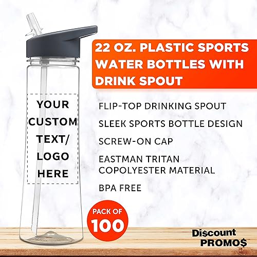 Miniatura 3 de DISCOUNT PROMOS Botellas de plástico personalizadas con boquilla de bebida de 22 onzas, juego de 100 unidades, paquete personalizado a granel, ideal