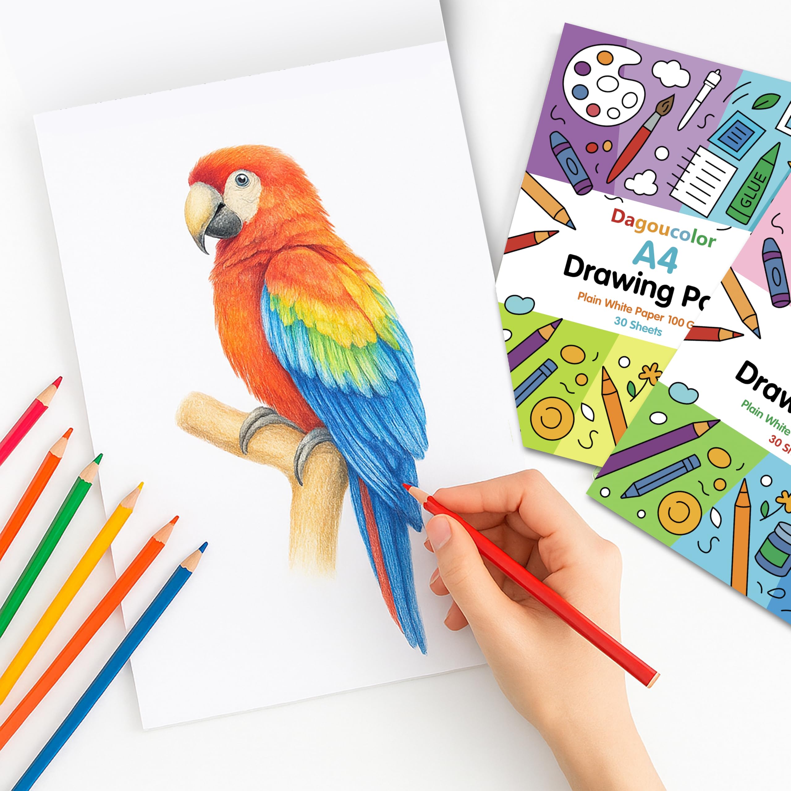 DagouColor Set di Disegno, 48 Matite a Colori, 2* A4 e 2* A3 Carta da Disegno Bianca, 100 GSM, Libri di Schizzi per Artisti Principianti Adulti Ragazzi Ragazze Bambini Piccoli