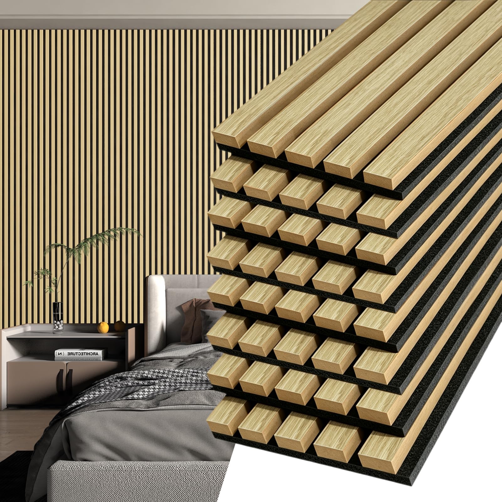 Art3d 8-Pack Fluted Acoustic Wood Slat Wall Panel, 107 x 8 Inch, Oak
