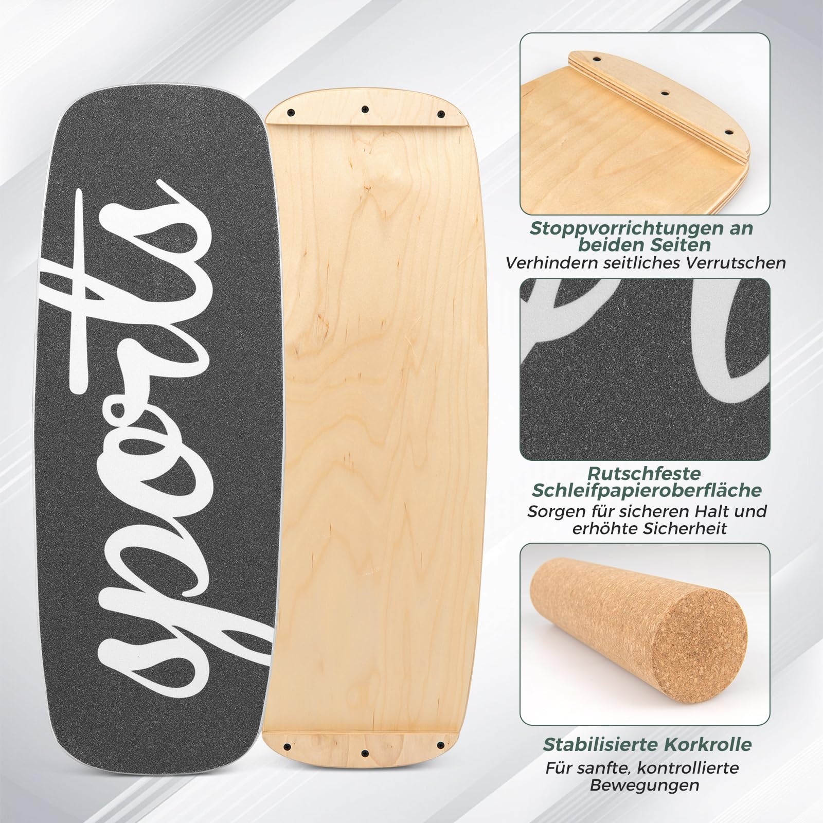 COSTWAY Balance Board, 17 mm Wackelbrett mit 10 cm Korkrolle & Filzmatte, Surfboard aus Birkenholz bis 100 kg belastbar, Balancierbrett mit rutschfester Oberfläche für Kinder, Erwachsene