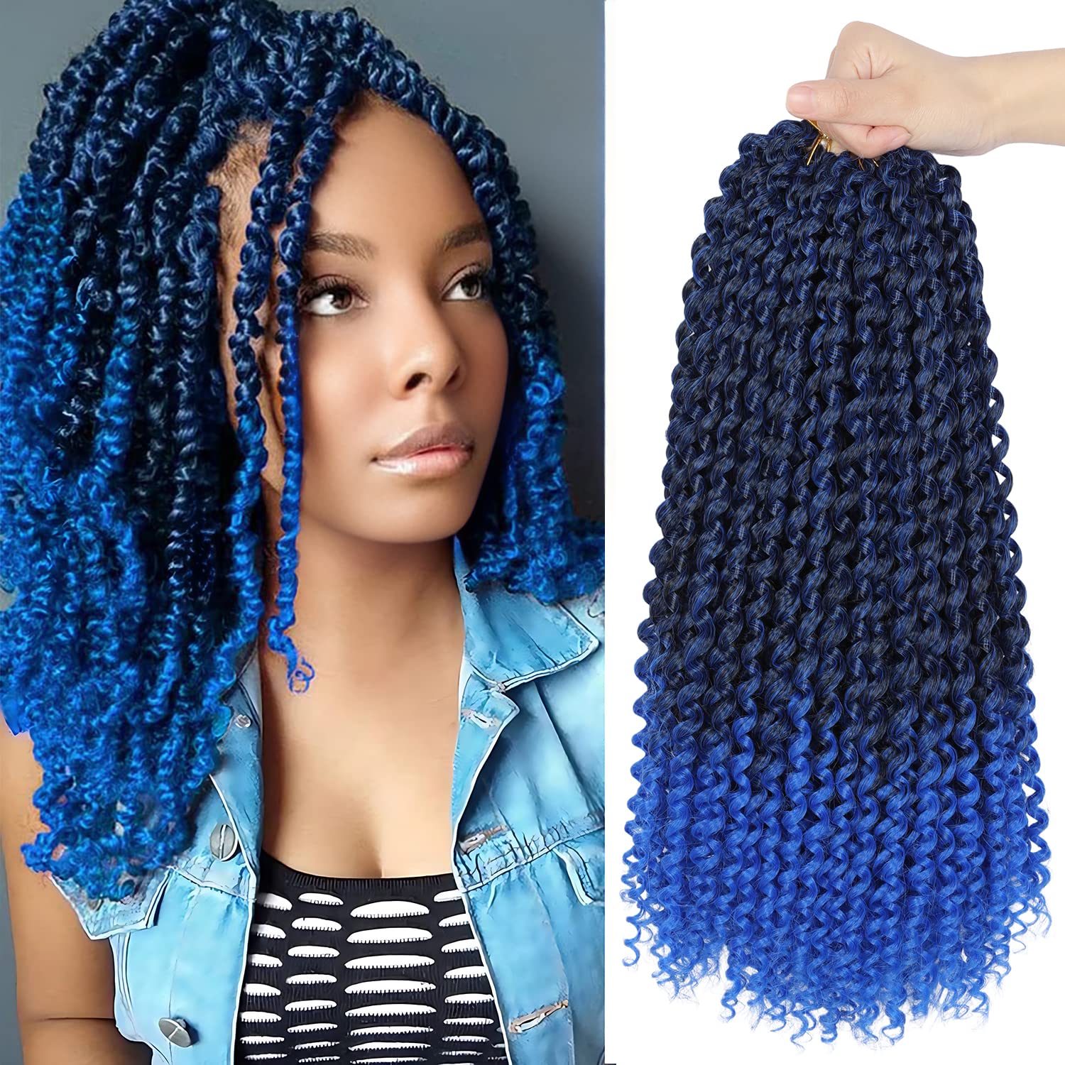 14 Inch Ombre Blue Passion Twist Hair, Water Wave Crochet Hair For Women Passion Twist Crochet Hair 22 Strands/Pack Bohemian Synthetic Curly Braiding