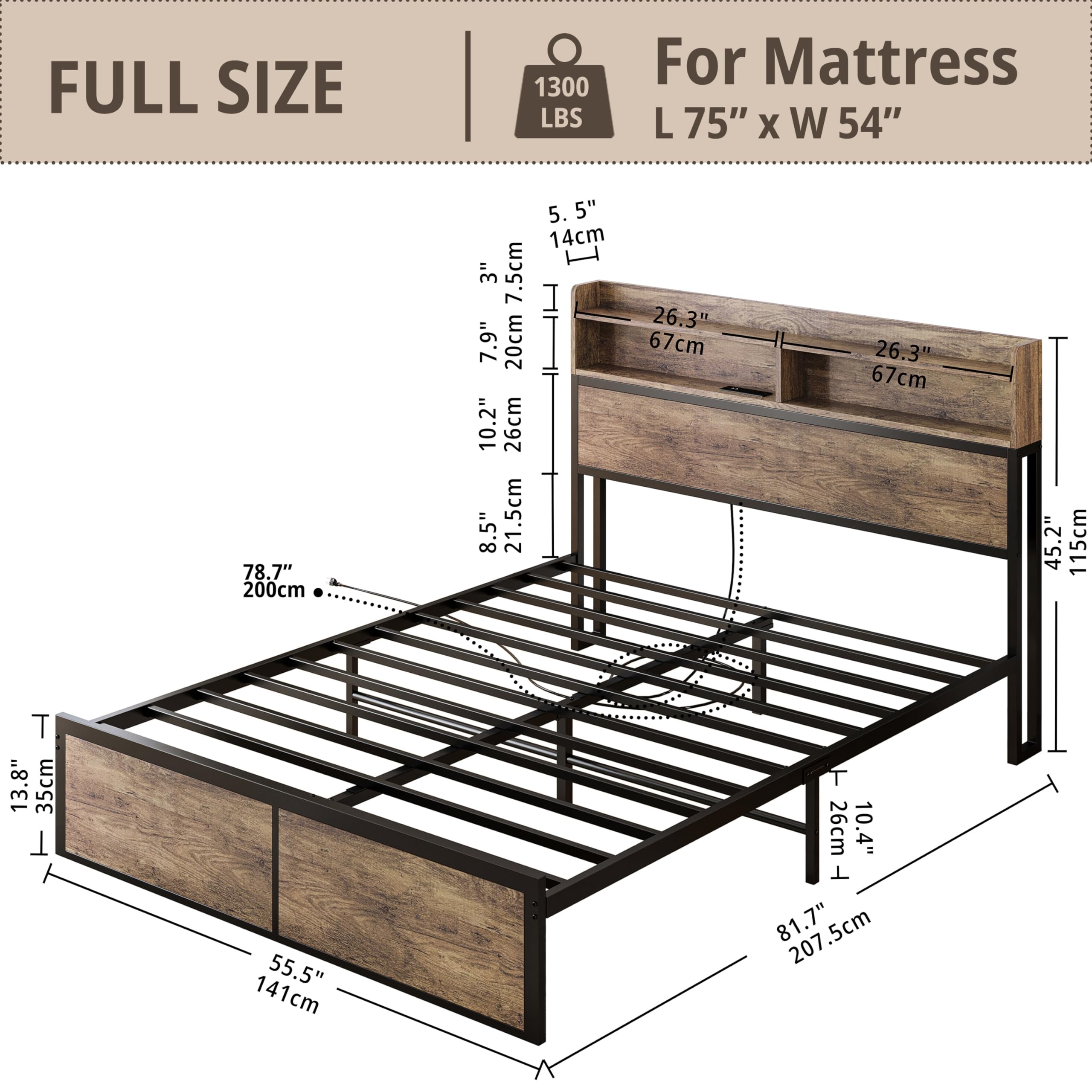 IRONCK Full Size Bed Frame with Bookcase Headboard with Charging Station, Mattress Foundation/No Box Spring Needed, Non-Slip Without Noise, Rustic Maple
