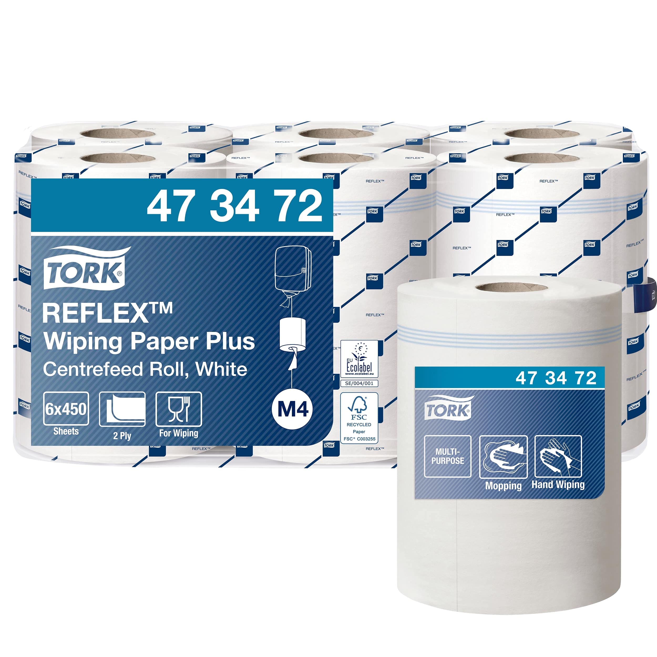 Tork 473472 Reflex Carta Plus per asciugatura Advanced, compatibile con il sistema M4 (ad estrazione centrale Reflex), 2 veli, 1 conf. x 6 rotoli (6 x 150,8 m), colore bianco