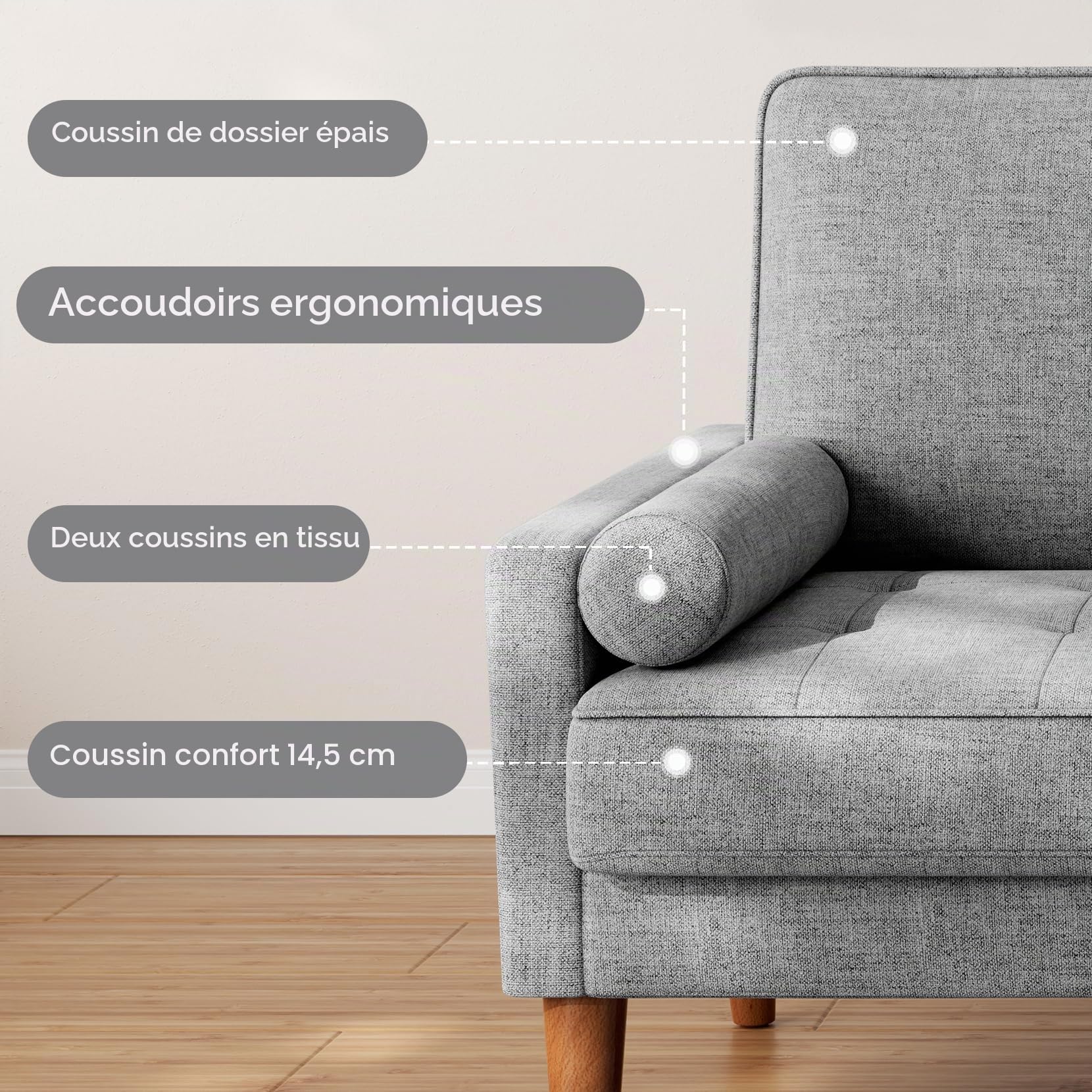 Vesgantti Canapé 2 places moderne, gris clair, avec 2 coussins de jeter, petit canapé en tissu, accoudoirs, boutons, coussin d'assise, canapé d'invités, pour salon, appartement, bureau, 121 x 77 x 87